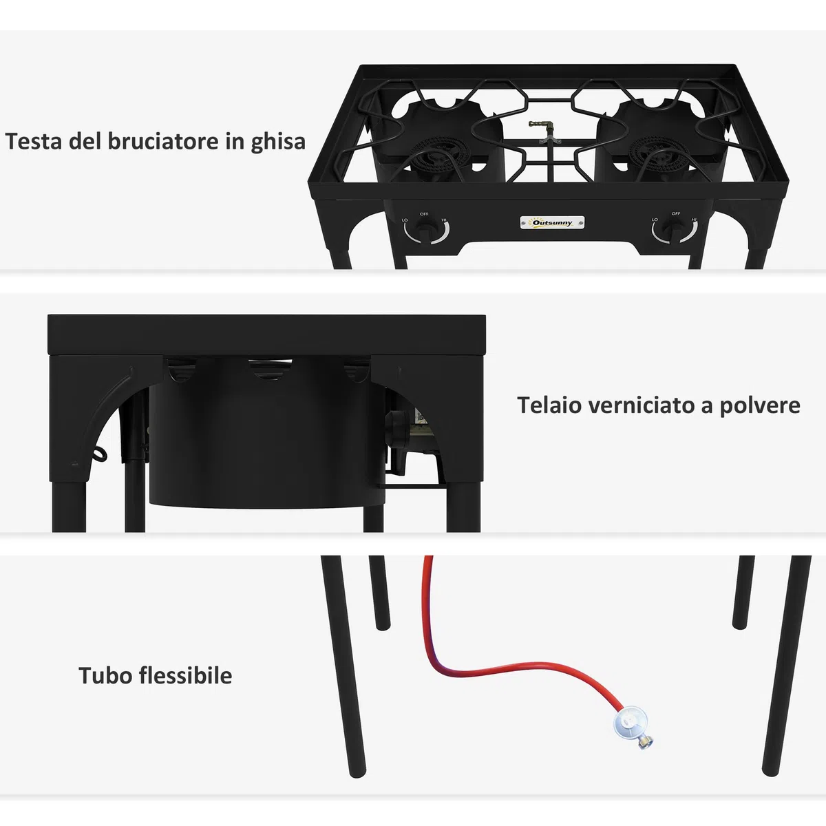 Outsunny Fornello a Gas con 2 Bruciatori 9.2 KW, Fornello da Campeggio in Metallo con Gambe Rimovibili, Nero