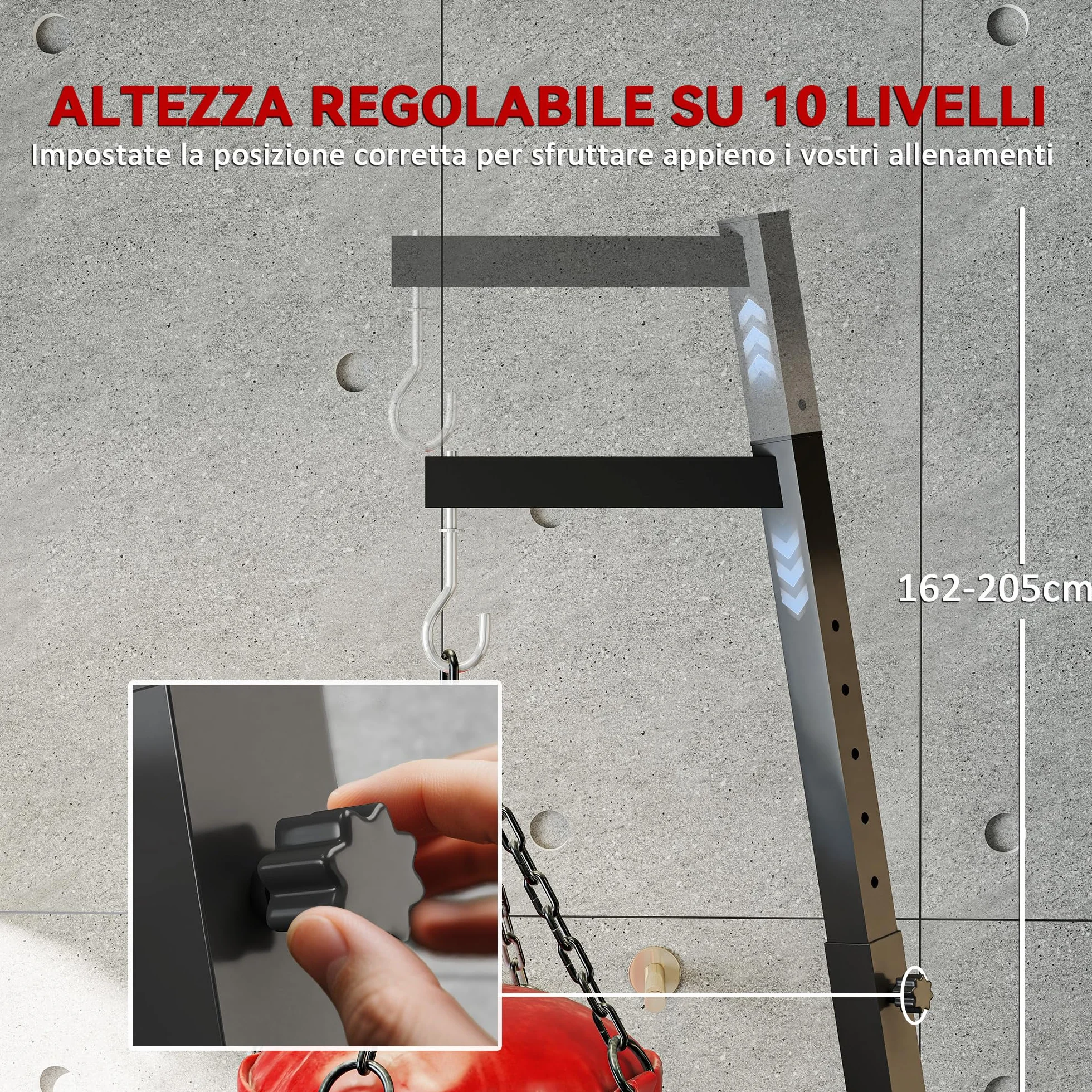 SPORTNOW Supporto Sacco da Boxe Regolabile in Altezza e Autoportante, Sostegno con Base Triangolare e Supporto per Pesi, Max 60kg, 170x90x182-225 cm, Nero