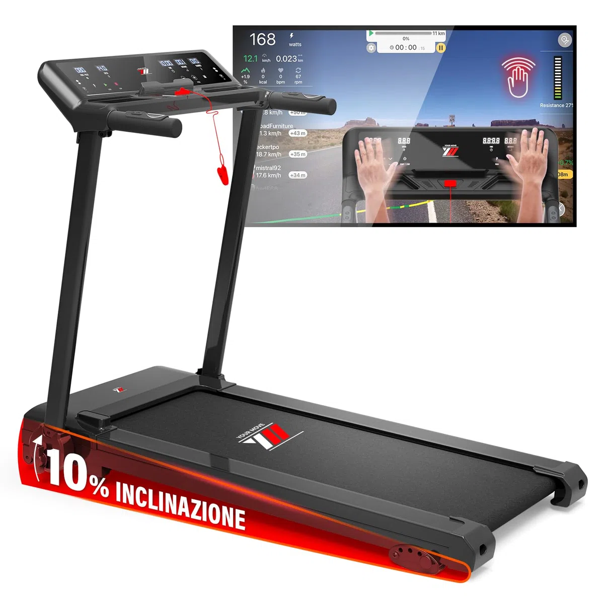 YM Tapis Roulant Salvaspazio 16 km/h, Marchio Italiano, Inclinazione, APP Compatibili, Pieghevole, Ampia Superfice, 2 Sistemi Controllo (TASTI + GESTUALE) Brevettato, NEXT 4000 Your Move