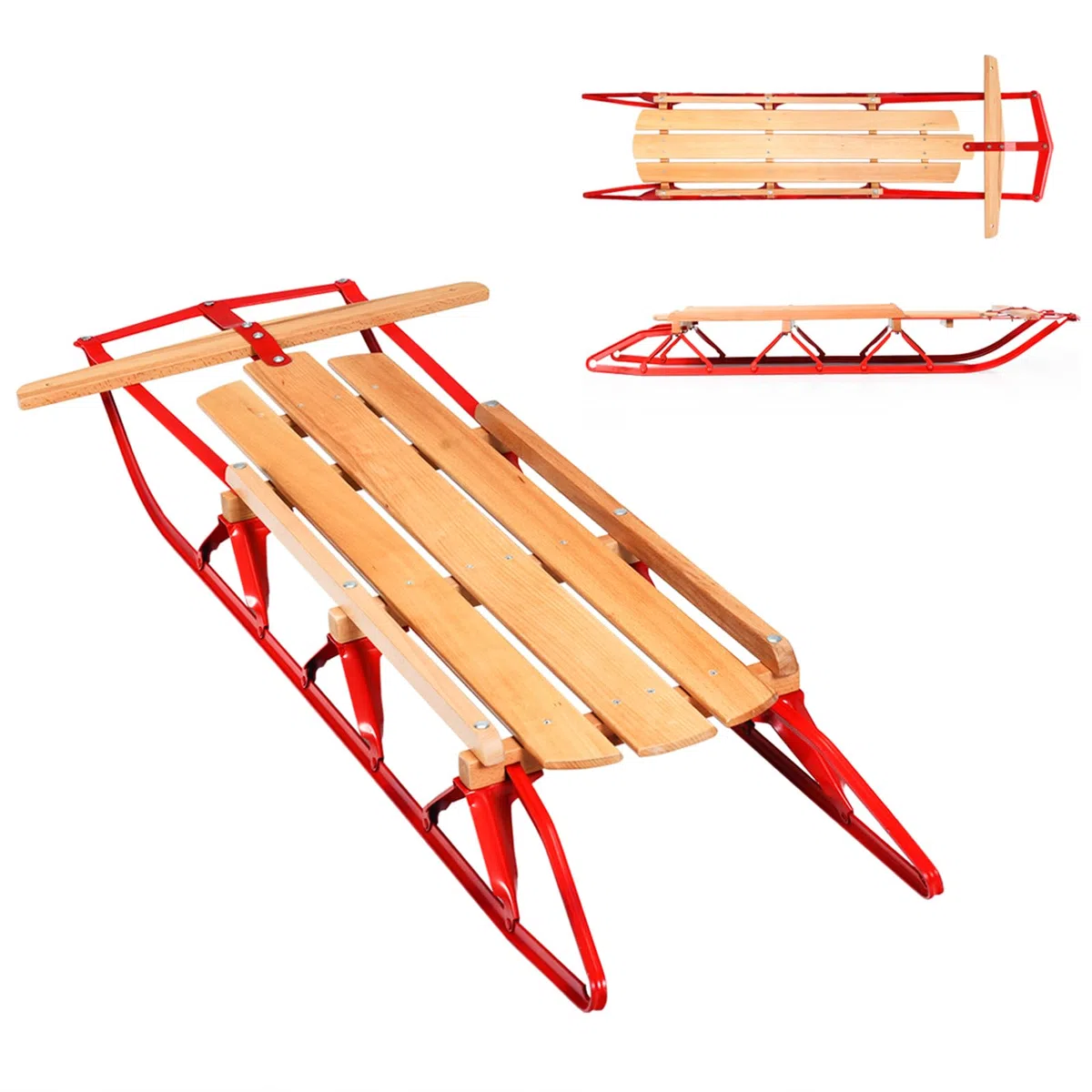 KOMFOTTEU Slittino in Legno e Metallo, Slitta da Neve Portato fino a 150 kg, con Pattini e Maniglie, Slittinoie per Bambini e Adulti, 137 x 58 x 16 cm