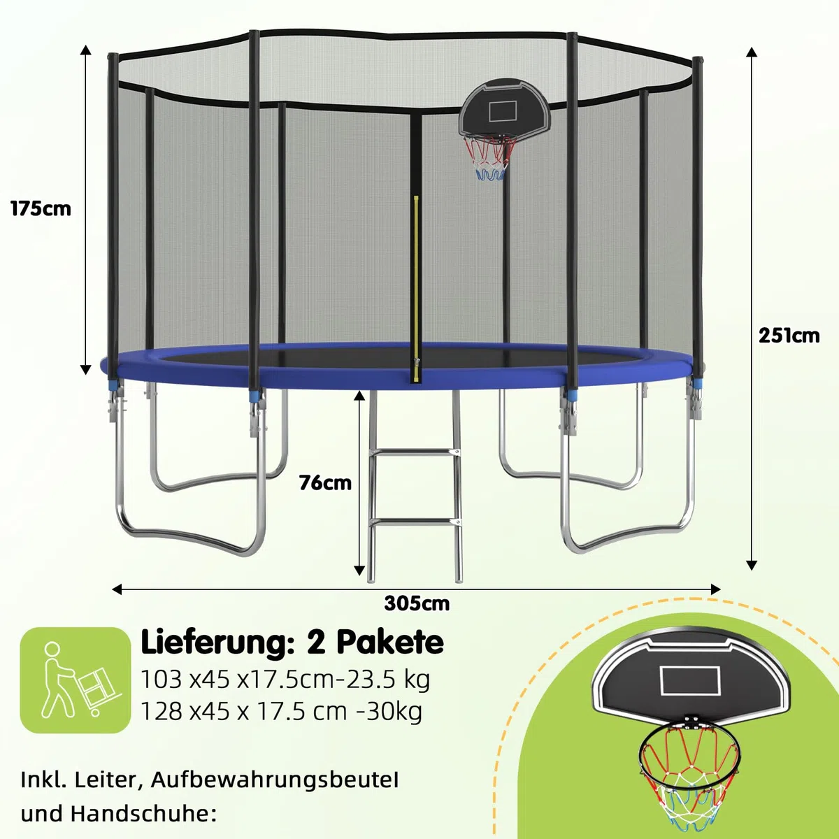 Trampolino per esterni, diametro 305/366 cm, per bambini e adulti, per il tempo libero, con cestino da basket, scala e rivestimento antiruggine, portata 200/272 kg