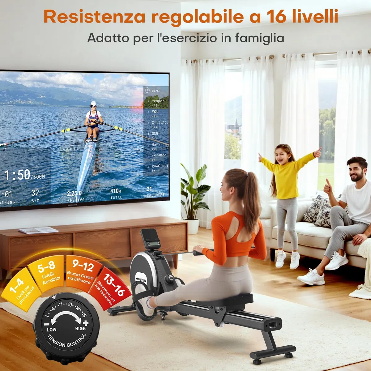 DMASUN Vogatore Magnetico, 16 Livelli di Resistenza Vogatore professionale per casa, Doppie guide scorrevoli in lega migliorate, compatibili con APP e capacità di carico massima di 160 kg