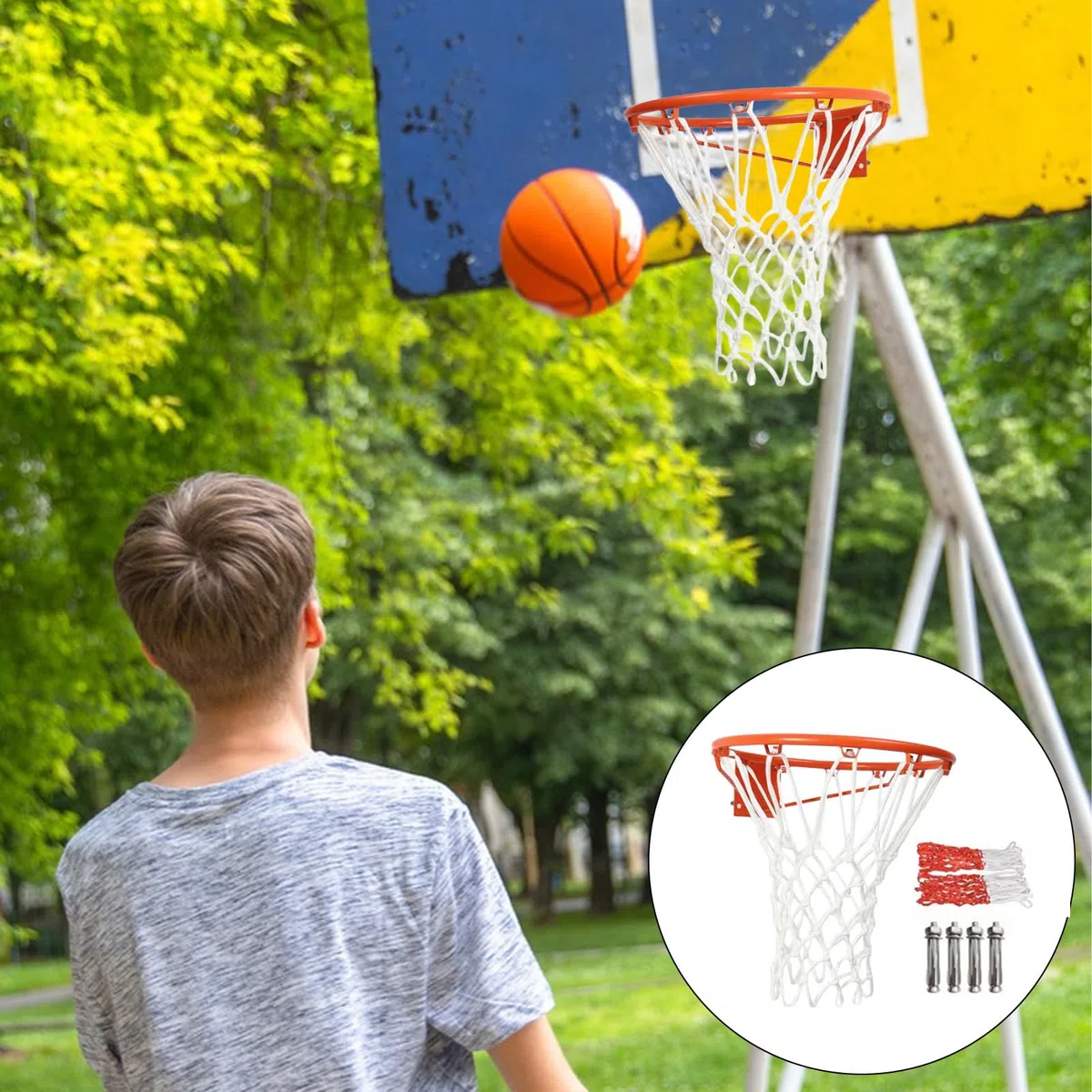 Canestro da basket da parete (35 cm), cerchio di ricambio per canestro da basket, con rete ispessita, per palloni da basket di dimensioni standard, include ago di gonfiaggio