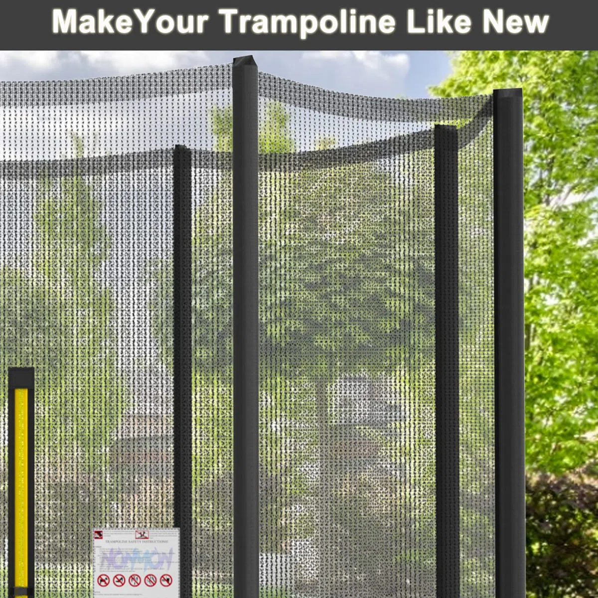 NONMON Rete di Sicurezza per Trampolino 244 305 366 397 427 cm con 6/8 Pali, Rete di Ricambio con Cerniera Fibbia, Rete di Protezione Esterno Antistrappo e Resistente ai Raggi UV