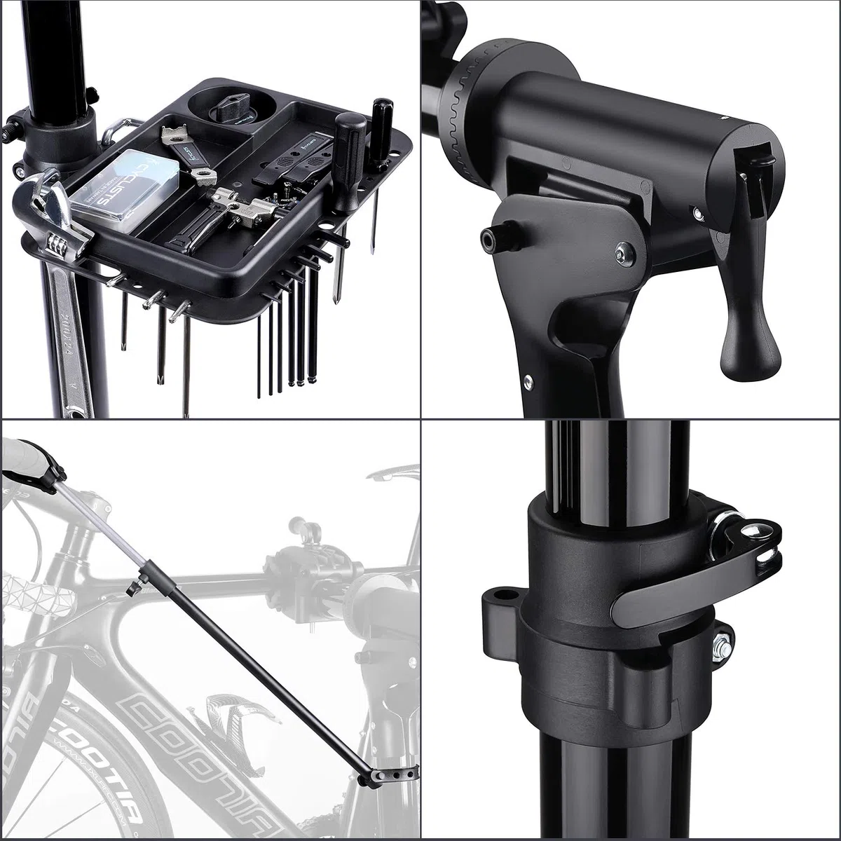CXWXC Cavalletto per Riparazione Bici, Supporto per Manutenzione Bicicletta in Alluminio, con Vassoio Porta Utensili Magnetico, Regolabile, Leggero, Portatile Nero (Nero)