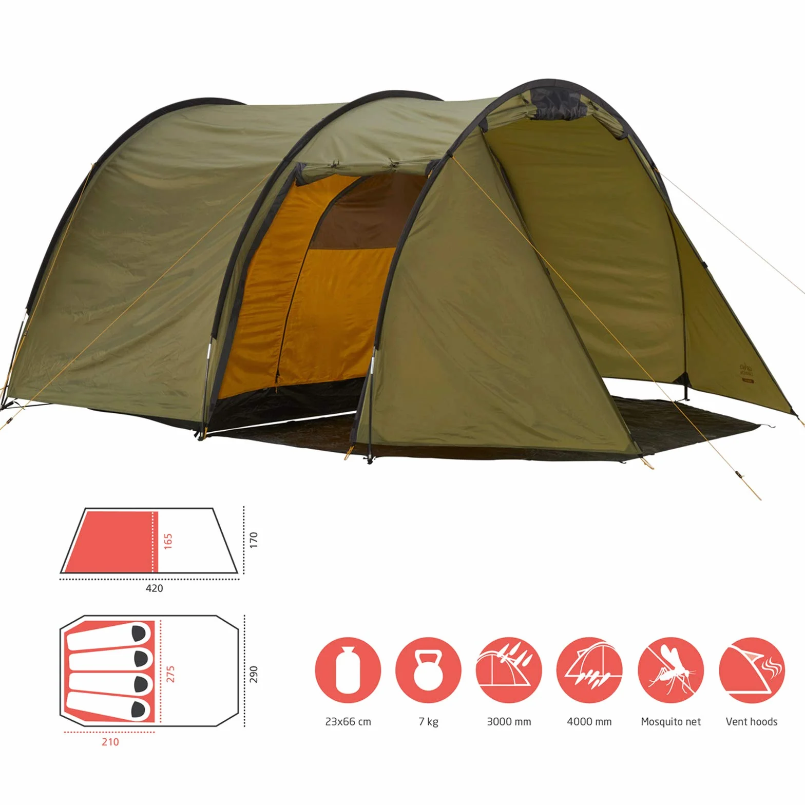 Grand Canyon Robson 4 – Tenda a tunnel per 4 persone, ultra leggera, impermeabile, ingombro ridotto, per trekking, campeggio, attività all'aperto