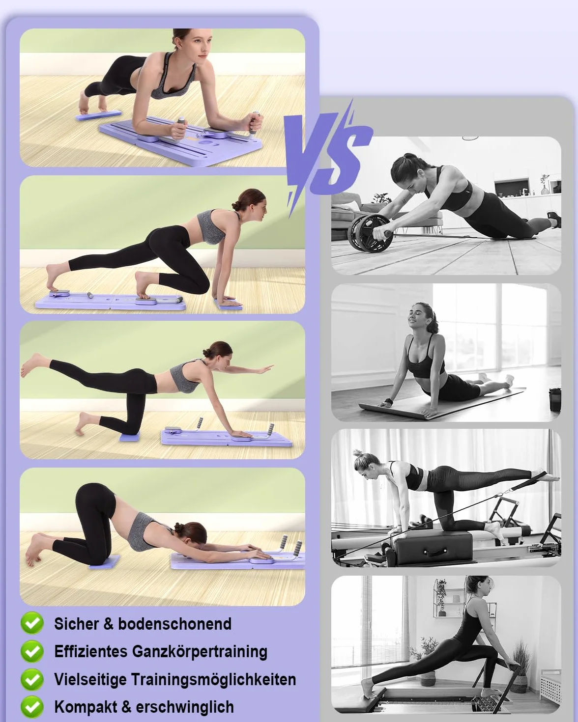 Pilates Board & Reformer-Set für Zuhause mit 23kg Rückprallkraft – Multifunktionales Faltbares Pilatesgerät INKL, Knieschutz & Videoanleitung