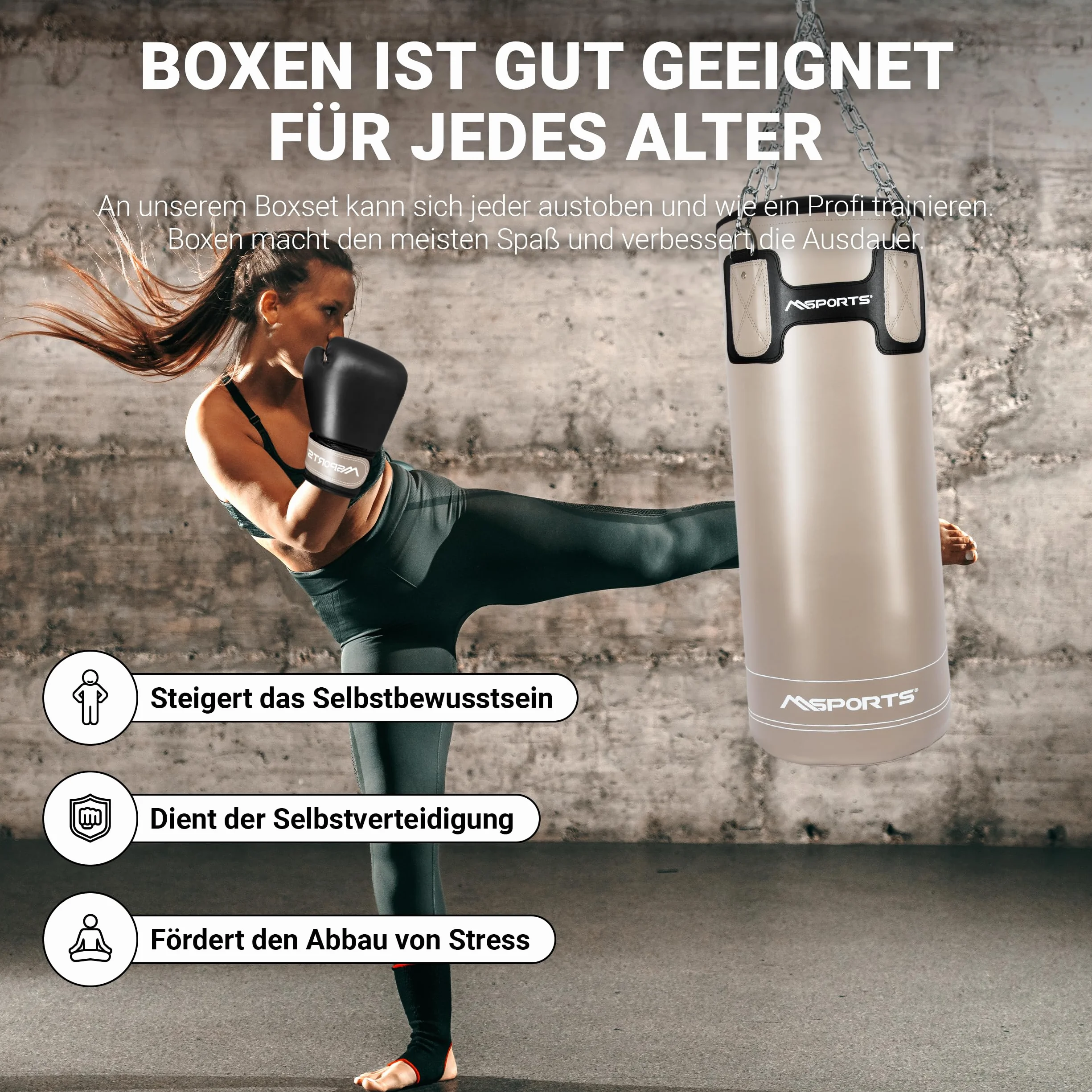 MSPORTS Punch Bag Set Premium 80 × 30 cm – Sacco da boxe 25 kg + guantoni da boxe e bende – allenamento boxe, kickboxing & fitness a casa o in studio