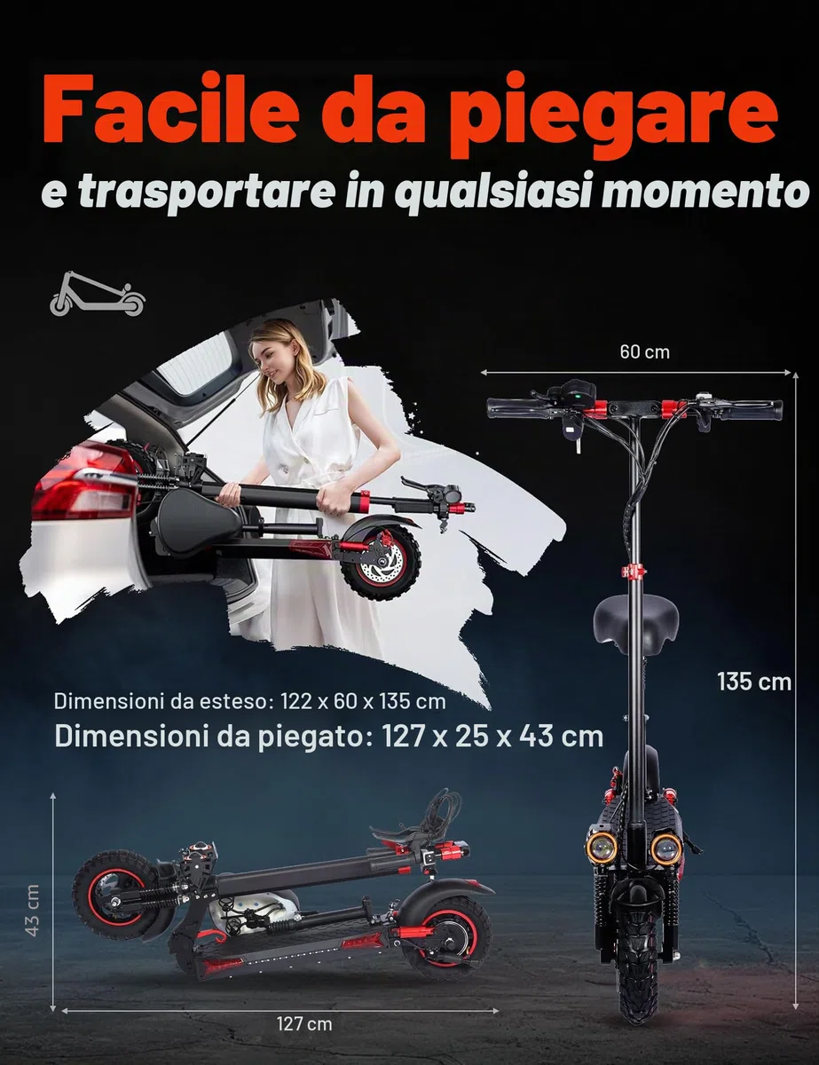 OOTD J11 MAX Monopattino Elettrico Adulto, 11" Monopattino Elettrico Fuoristrada, Batteria da 48V 18 Ah Autonomia di 43-55KM, Scooter Elettrico Pieghevole Con APP, Doppia Sospensione E Doppi Freni