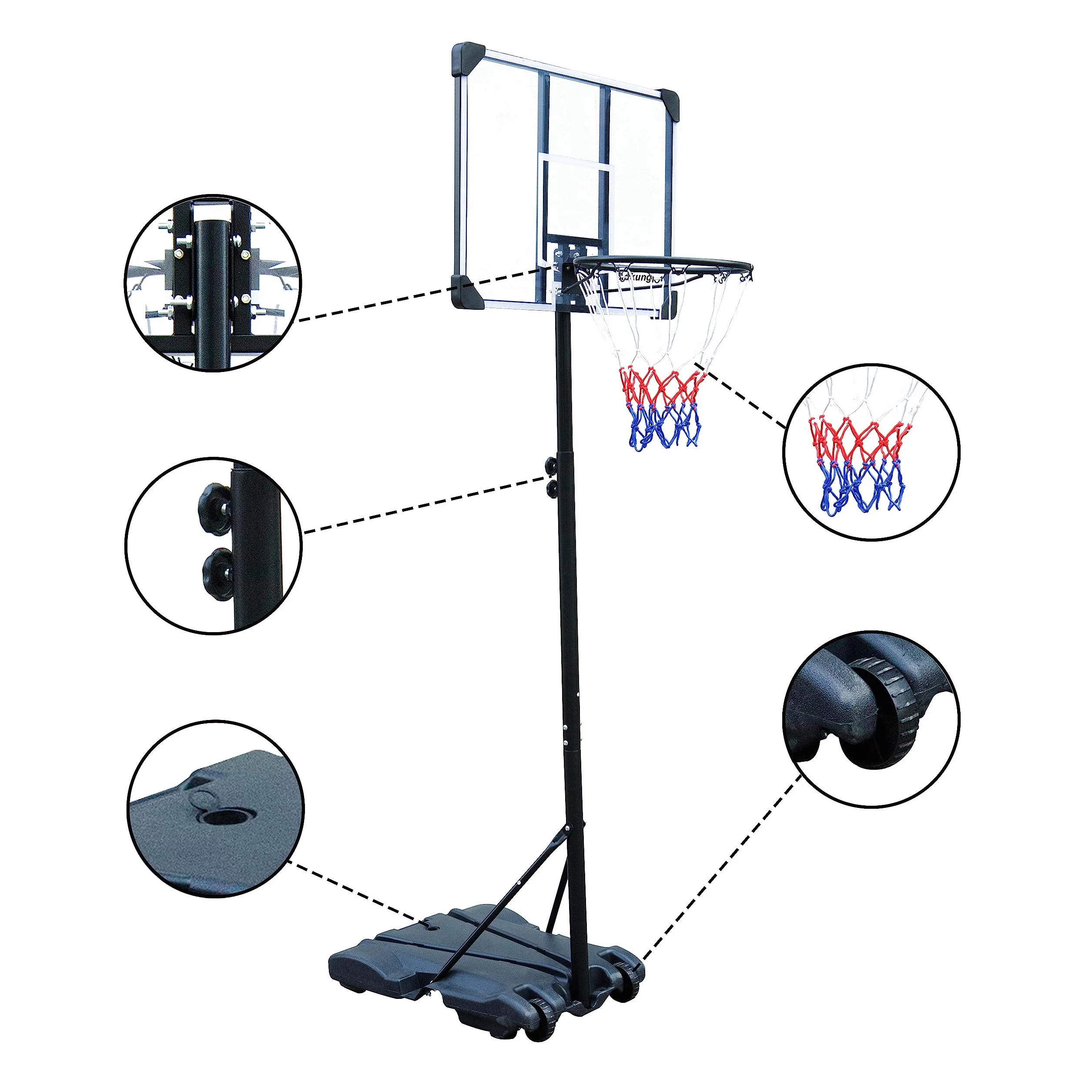 HIONRE Set di canestro da basket trasparente da 2,1 m, professionale, per esterni, con ruote, altezza regolabile 165 cm-213 cm, nero