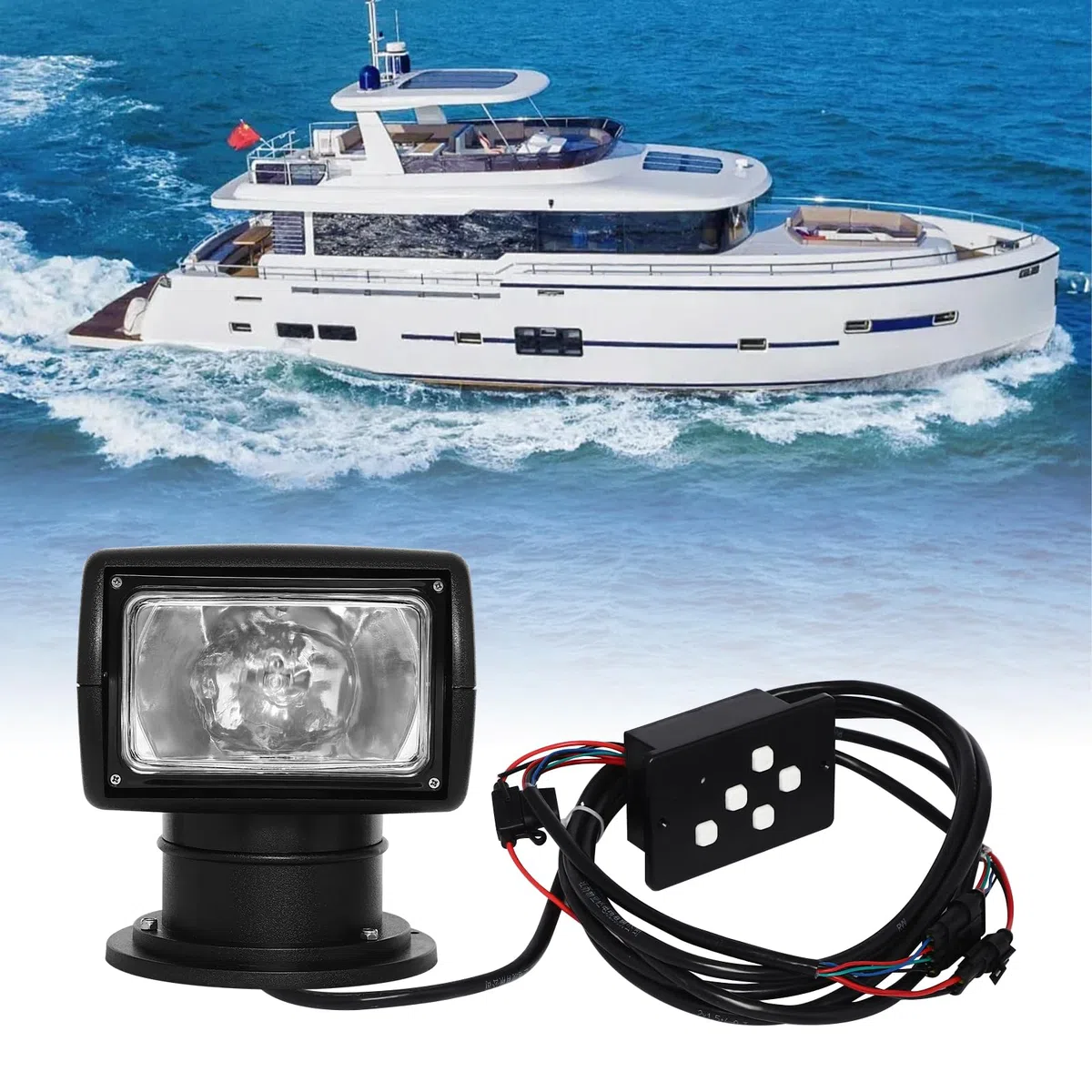 Faro di ricerca radiocomandato da 100 W, distanza di illuminazione 800 m, girevole a 355°, lunghezza del cavo di alimentazione, 4,5 m, adatto per navi notturne, pattuglie, polizia acquatica, barche da