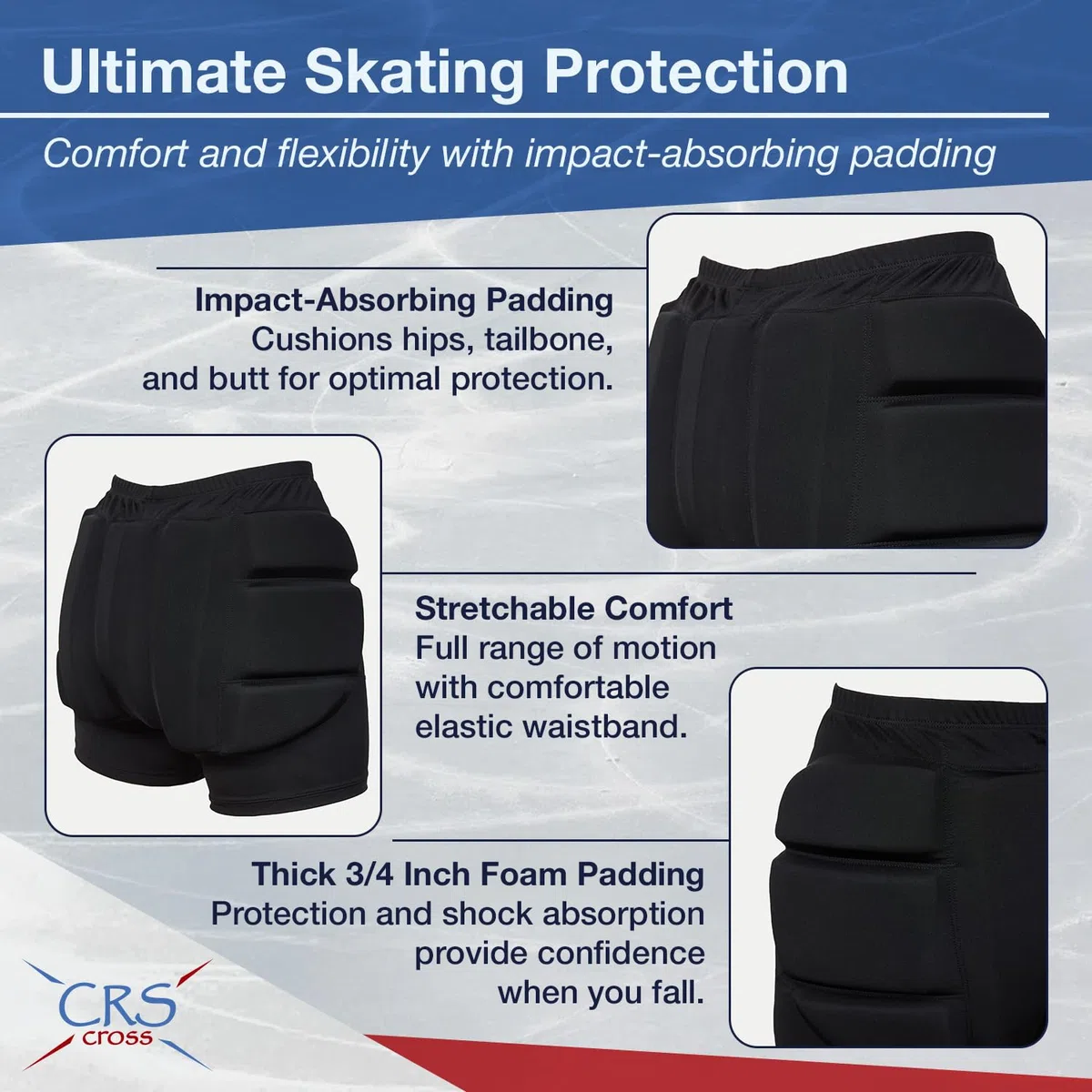 CRS Cross Pantaloncini imbottiti per pattinaggio artistico, a rotelle, in linea, su ghiaccio, snowboard e sci, protezione dagli impatti di caduta per glutei, fianchi e coccige
