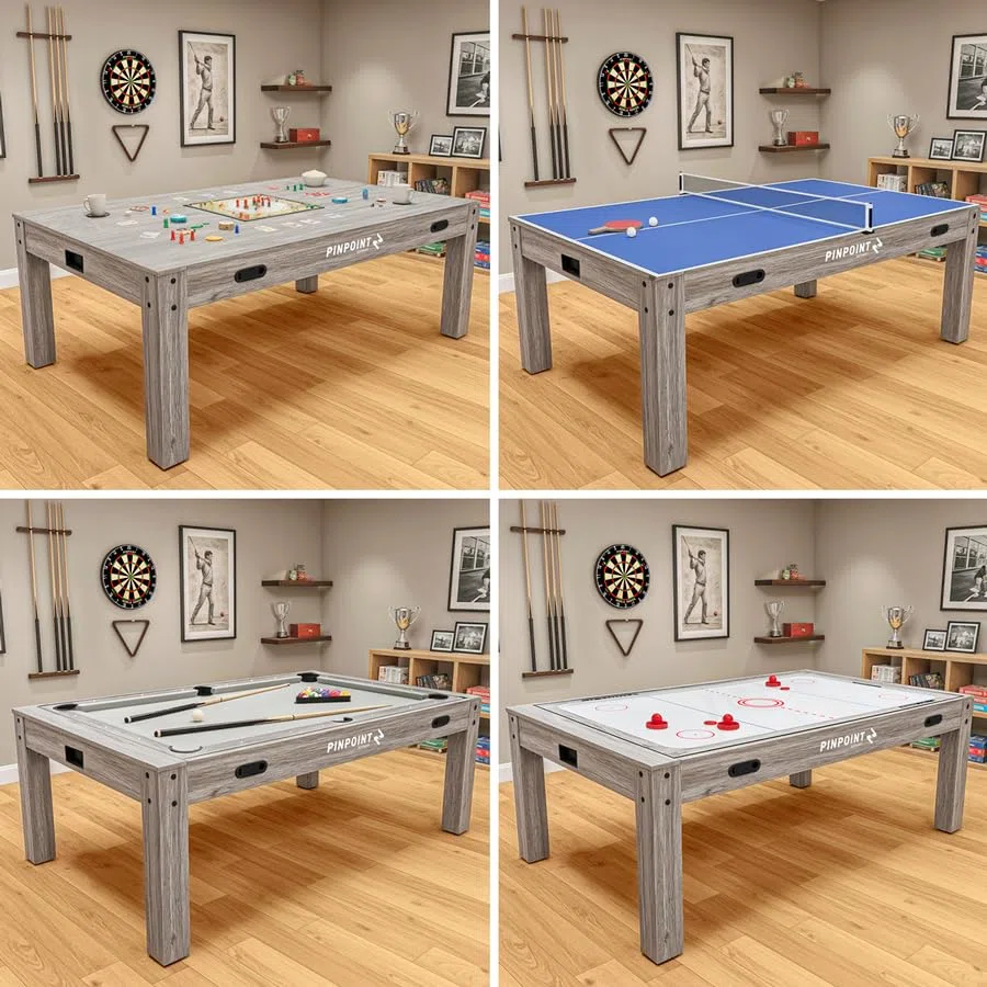 PINPOINT Tavolo da gioco 4 in 1 – biliardo, air hockey, ping pong e giochi da tavolo – Tavolo da interno da 2,1 m con accessori inclusi – Finitura in legno grigio Driftwood per sale giochi e famiglia