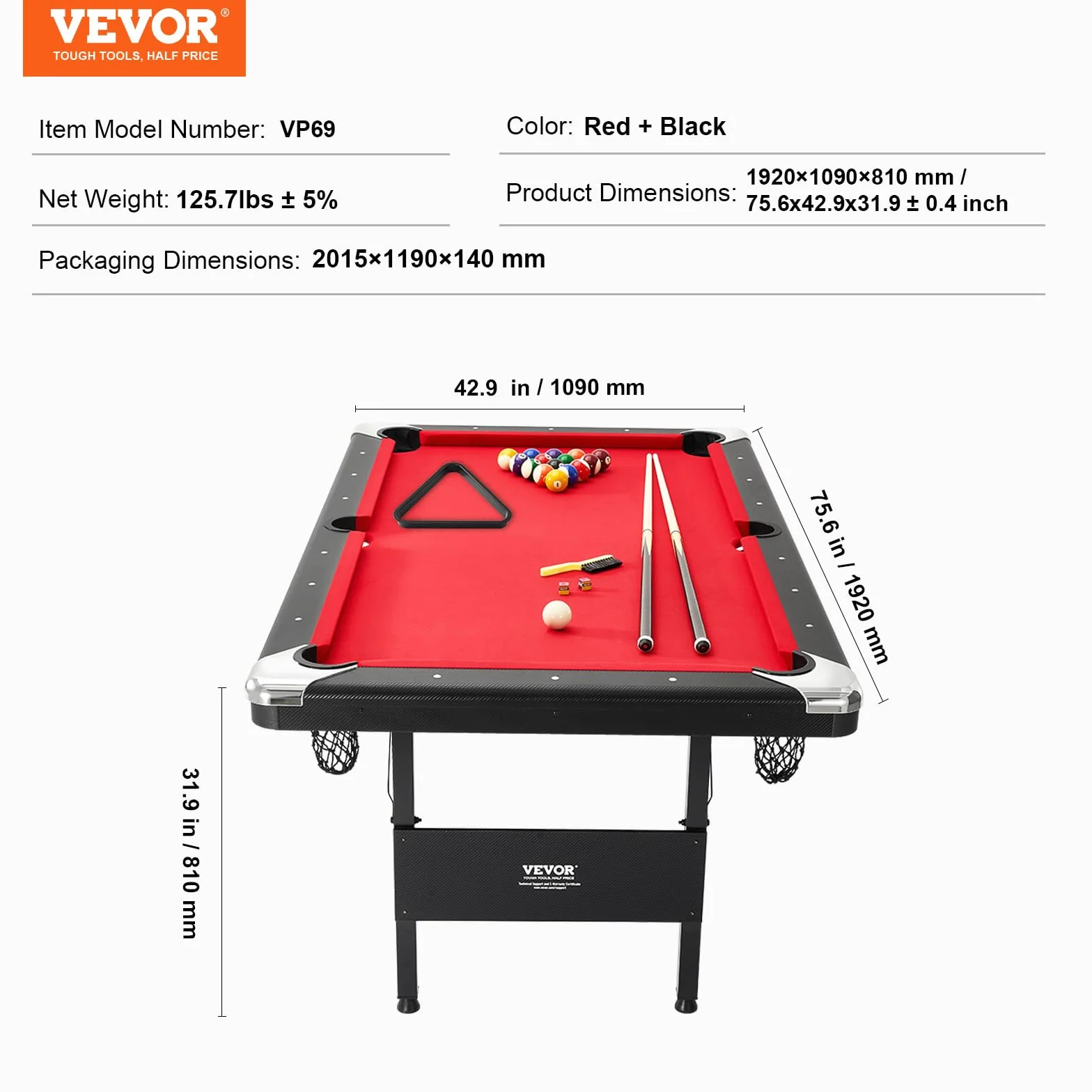 VEVOR Tavolo da Biliardo 1,9 m, Tavolo Portatile e Pieghevole, Set da Biliardo con Palline, Stecche, Gesso, Nero con Panno Rosso, Perfetto per la Sala Giochi della Famiglia, Bambini e Adulti