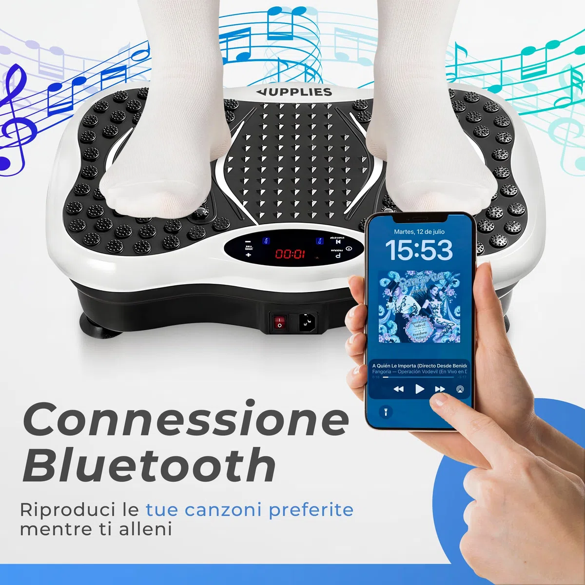 JUPPLIES Pedana Vibrante Dimagrante con 5 Programmi Automatici, 5 Bande Elastiche e Bluetooth – Piastra Vibrante Fitness per Allenamento, Recupero Muscolare e Circolazione Gambe