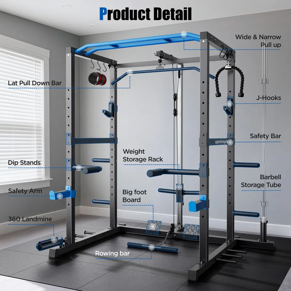 Sportsroyals Power Cage - Power Rack da 725,7 kg con cavo regolabile Crossover, multifunzione Squat Rack con sistema di puleggia e accessori per allenamento per palestra domestica