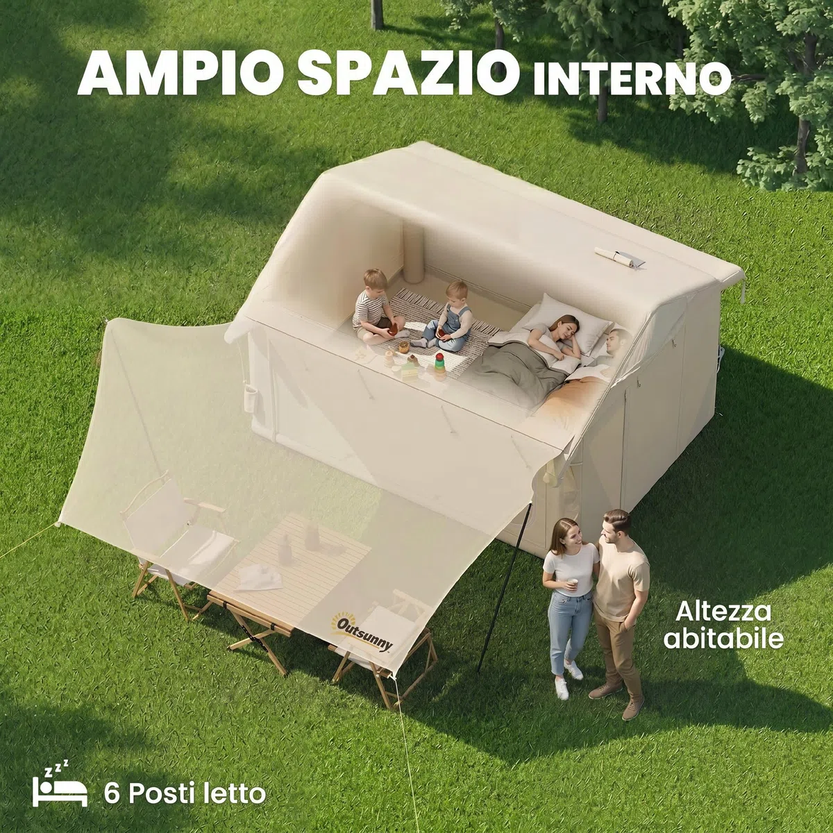Outsunny Tenda da Campeggio Gonfiabile con Pompa per 6-8 Persone, Tenda Campeggio Impermeabile 3000mm Antivento, con Apertura per Stufa, Tetto Rimovibile e Pavimento Cucito, Montaggio Rapido, Cachi