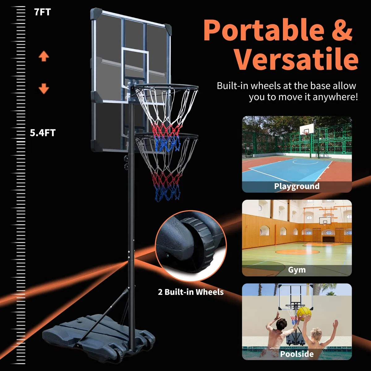 HIONRE Set di canestro da basket trasparente da 2,1 m, professionale, per esterni, con ruote, altezza regolabile 165 cm-213 cm, nero