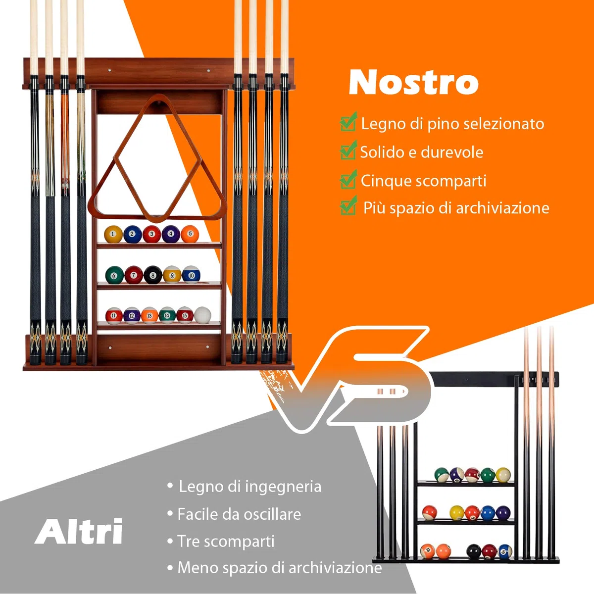 COSTWAY Porta Stecche da Biliardo in Legno Massello, Porta Biliardo a Parete Può Ospitare 8 Stecche 15 Palle da Biliardo e 1 Portapalle, Attrezzatura da Biliardo per Sala da Biliardo Club Bar(Marrone)