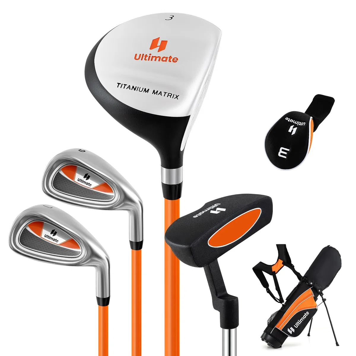 GYMAX Set Completo di Mazze da Golf per Bambini, Include 205CC #3 Fairway, Ferri #7 & #9, Putter, Copritesta, Sacca da Golf Portatile con Cappuccio Antipioggia, per Ragazzi 8-10/11-13 Anni