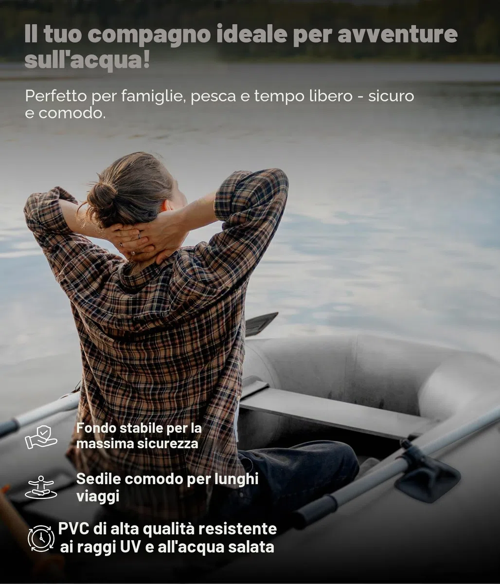 NEMAXX® Gommone 230/330/380 cm per 2/5/7 persone – Barca a pagaia/da pesca e a remi – Fondo gonfiabile/fondo in alluminio, motorizzabile, fino a 905 kg – incl. 2 remi, pompa, borsa, kit di riparazione