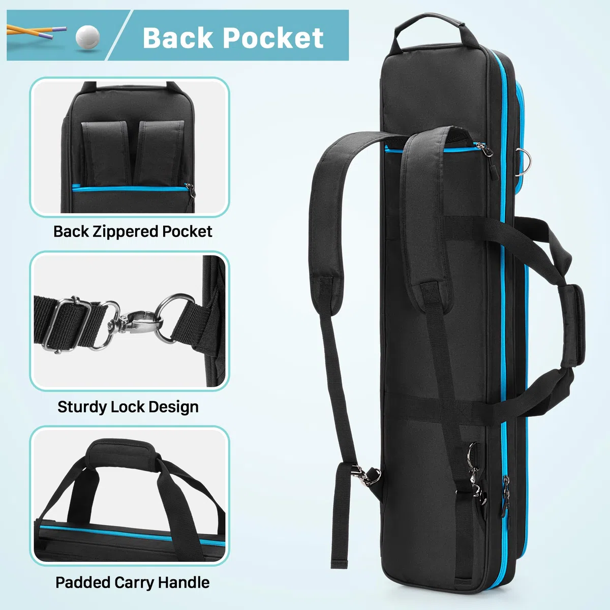 GOBUROS Custodia per stecche da biliardo 4x4 può contenere fino a 4 calci e 4 aste, custodia per stecche da biliardo con tasche frontali e spallacci