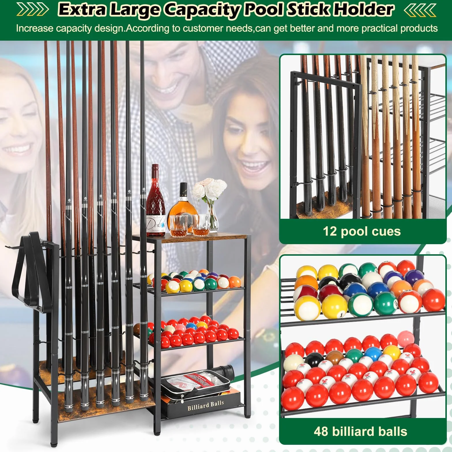 Bikoney Porta Stecche da Biliardo a Pavimento per Fino a 12 Bastone, Biliardo da Tavolo con Spazio per Palline, Grande Supporto Bastoncini da Biliardo di Accessori per Tavolo da Biliardo