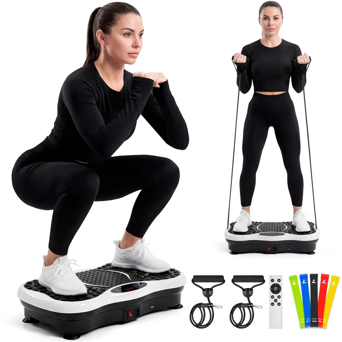 JUPPLIES Pedana Vibrante Dimagrante con 5 Programmi Automatici, 5 Bande Elastiche e Bluetooth – Piastra Vibrante Fitness per Allenamento, Recupero Muscolare e Circolazione Gambe