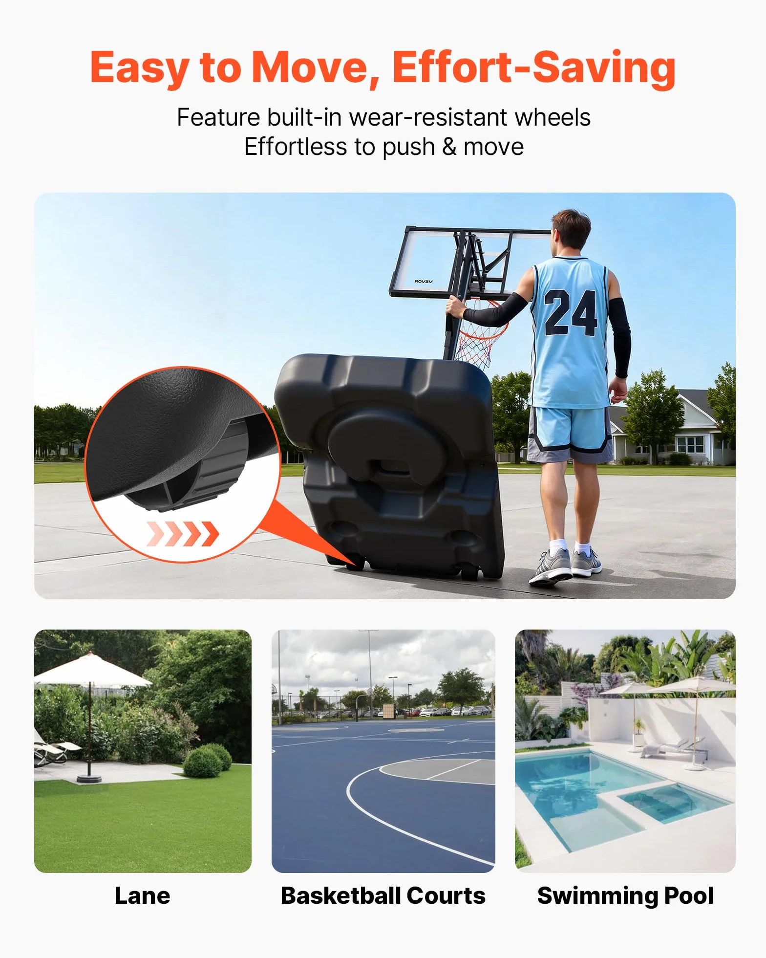 VEVOR Supporto da Basket Portatile Massimo 3,05 m Pallacanestro da Esterno con Piedistallo Regolabile in Altezza Design di Sollevamento, con Ruote e Tabellone PC da 1371,6 mm, per Cortili, Scuole