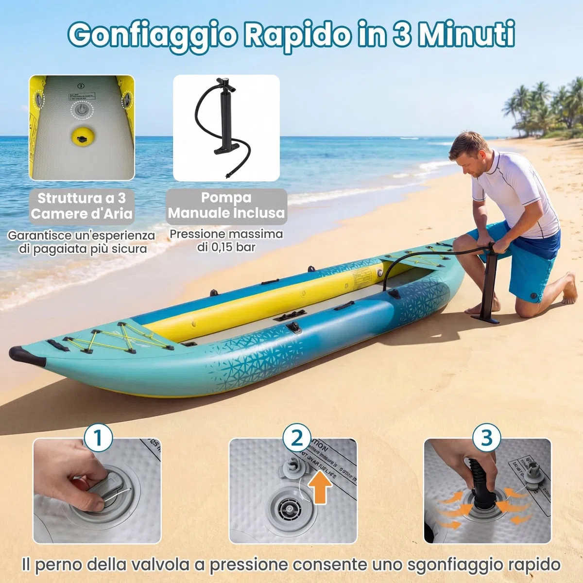 COSTWAY Kayak Gonfiabile 2 Posti, Kayak da Pesca Gonfiabile e Portatile 381 cm con 2 Sedili Imbottiti e Poggiapiedi Regolabili, Remi in Alluminio, Pompa a Mano, Ideale per Lago e Mare