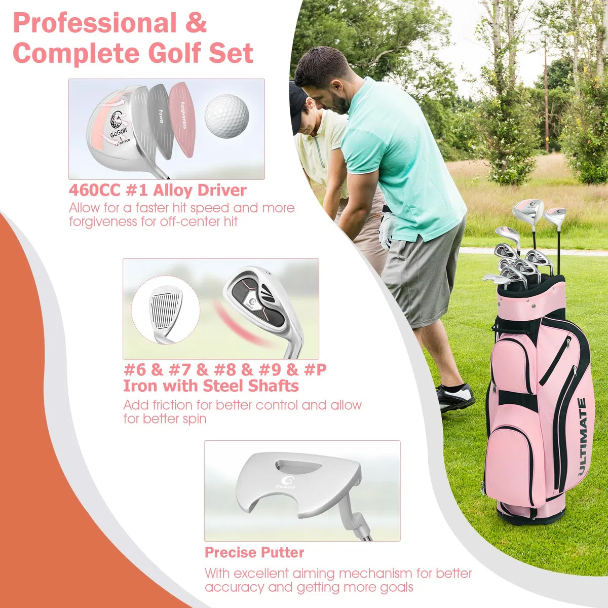 LIFEZEAL Set da Golf Completo per Donna Con Borsa, Kit Femminile Con Driver 1#, Fairway 3#, Ibrido 4#, Ferro Zinco 6-9#, P#, Putter, Rosa