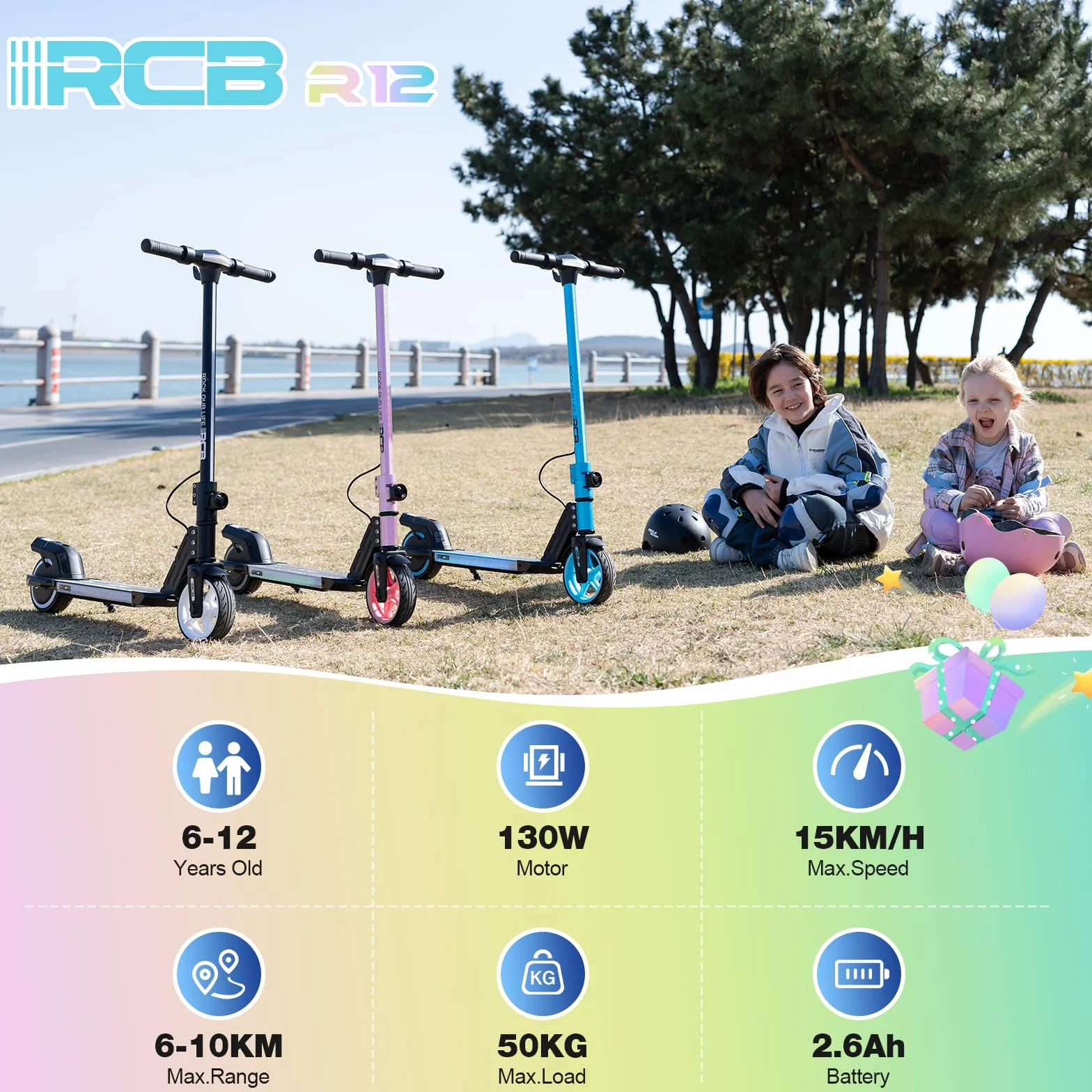 RCB R12 Monopattino Elettrico per Bambini 6-12 Anni, Max 15Km/h & 10 km, Luce LED Arcobaleno, 6,5" Pieghevole E-Scooter,Display a LED, Velocità Regolabili, Regalo per Bambini