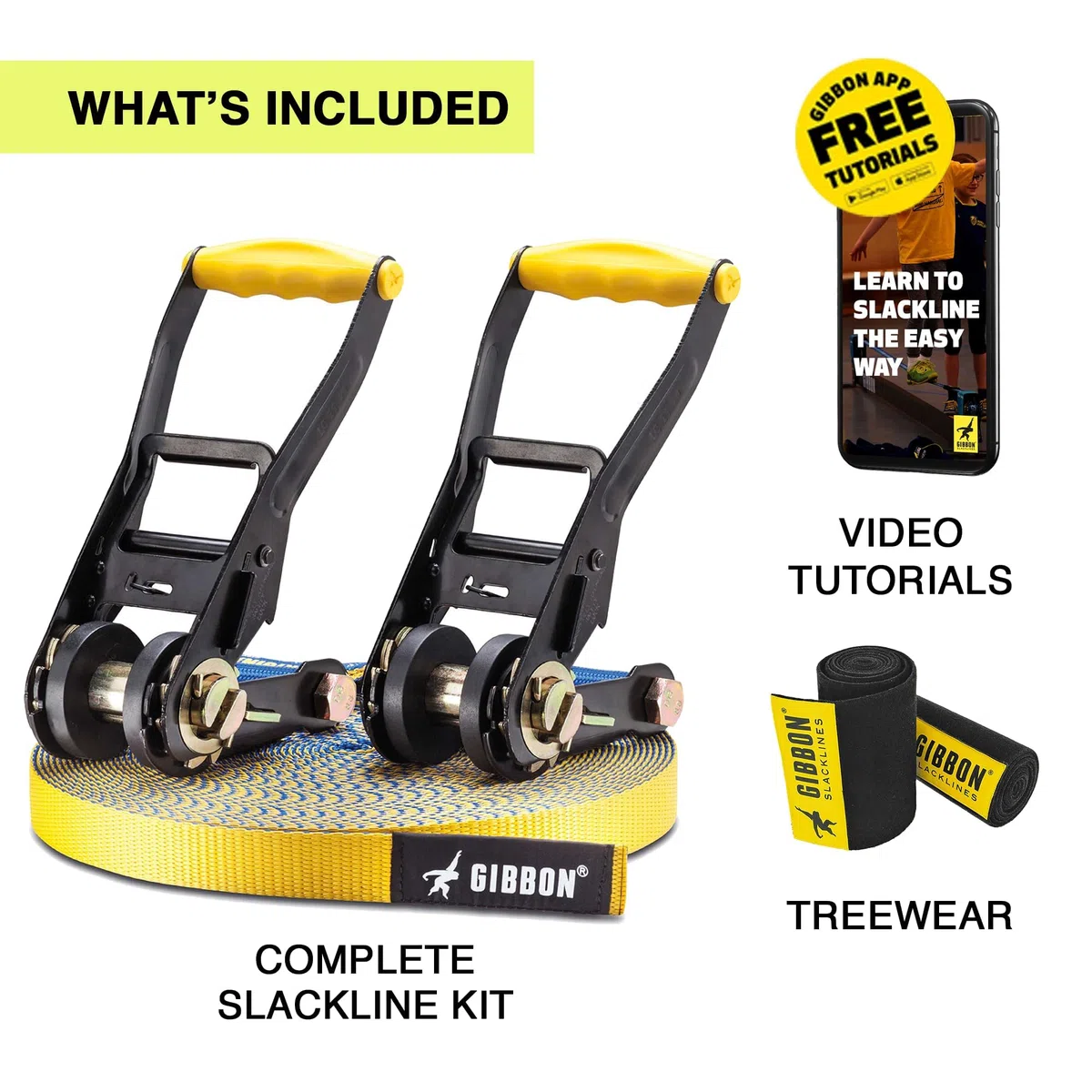 Gibbon Slacklines, Flow Line, con Treewear, blu-giallo, 25metri (22,5m di fettuccia slackline+2,5m slackline con cricchetto cucito)larghezza 1"/2,5 cm