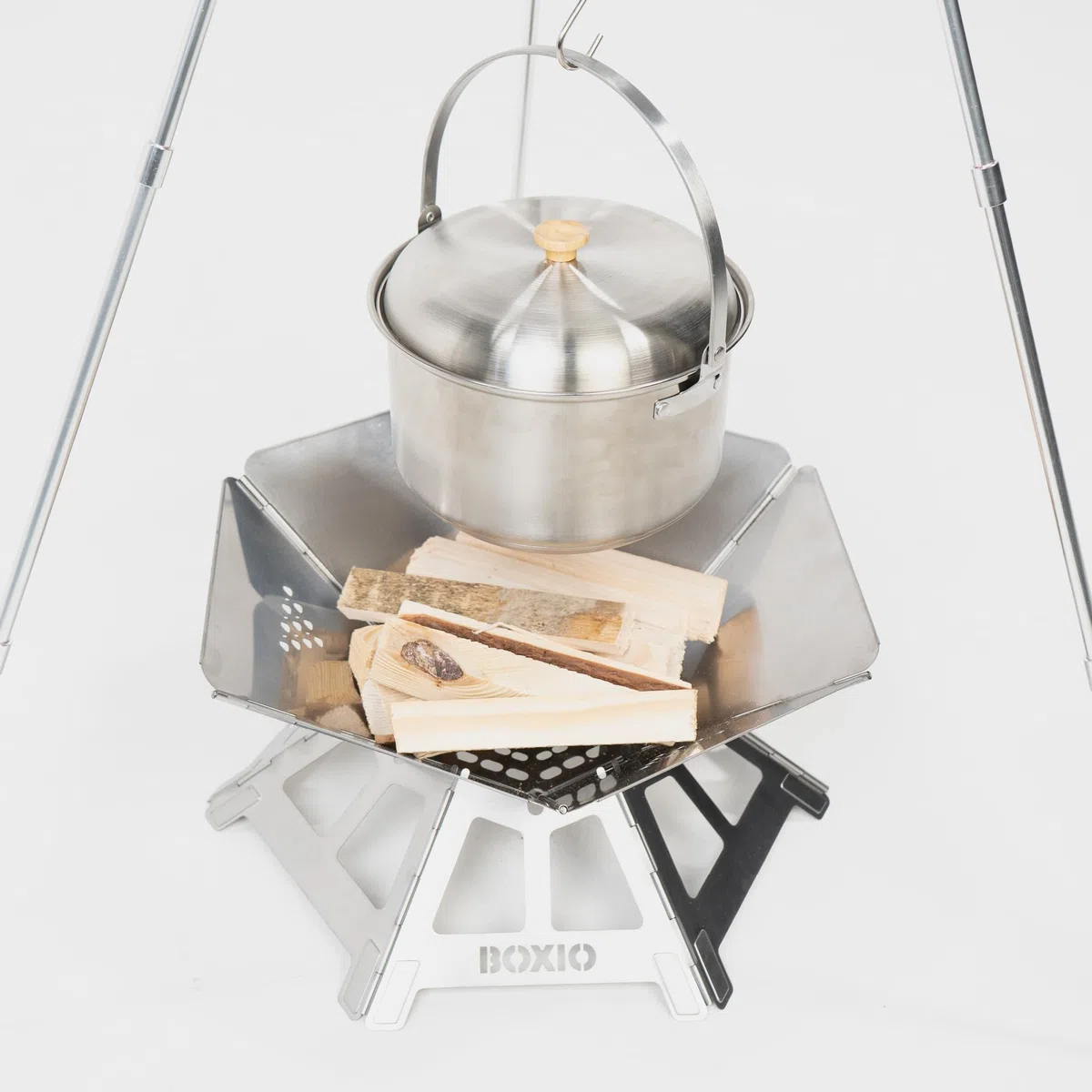 BOXIO - FIRE BUNDLE: braciere in acciaio inox con griglia e tre zampe – braciere ottagono per esterni e campeggio, piccolo braciere con parascintille, set di mini braciere per giardino e falò
