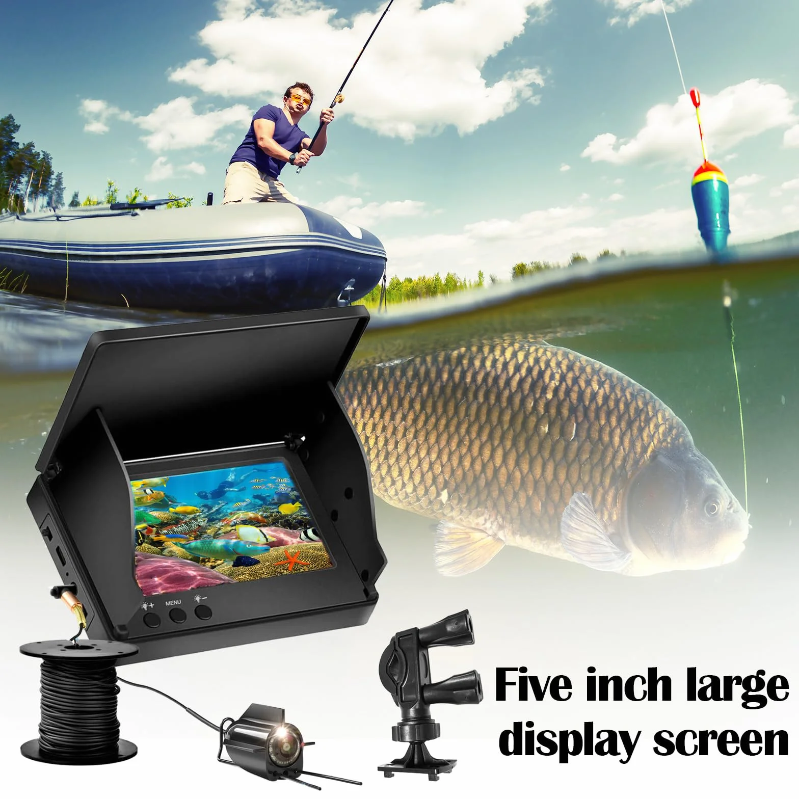 Telecamera Subacquea Pesca, Ecoscandaglio da Pesca Impermeabile IP65 Fish Finder con 5" IPS Display 8000mAh Batteria 30m Cavo 220° Visione Notturna Grandangolare per Pesca in Mare Pesca su Ghiaccio