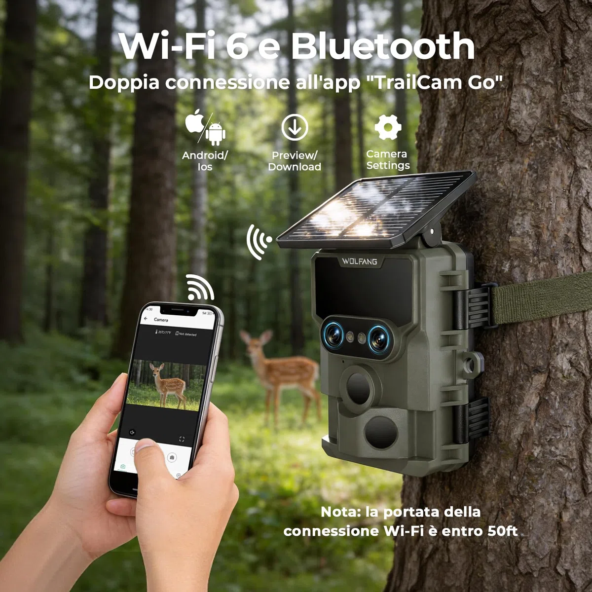 WOLFANG Fototrappola Solare 64MP 4K 30fps, Doppia Lente Wi-fi Bluetooth Fotocamera Caccia con Visione Votturna Stellata, 5000mAh Angolo di Rilevamento 120° Impermeabile IP66
