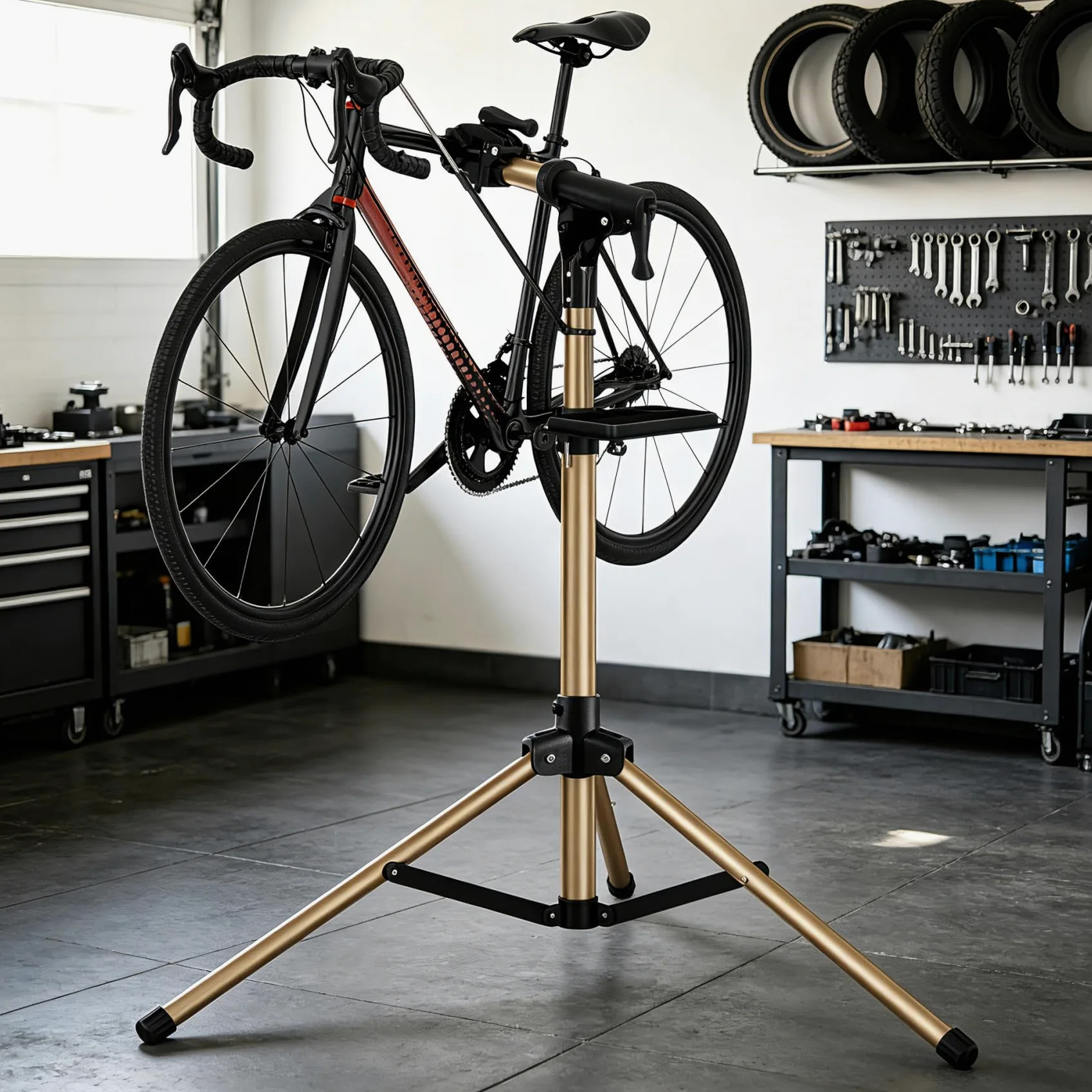 Cavalletto 3 Gambe Alluminio Riparazione e Montaggio Bici, Completamente Pieghevole, Doppio Blocco Sicurezza, Compatto, Ultraleggero, Ampio Vassoio Magnetico
