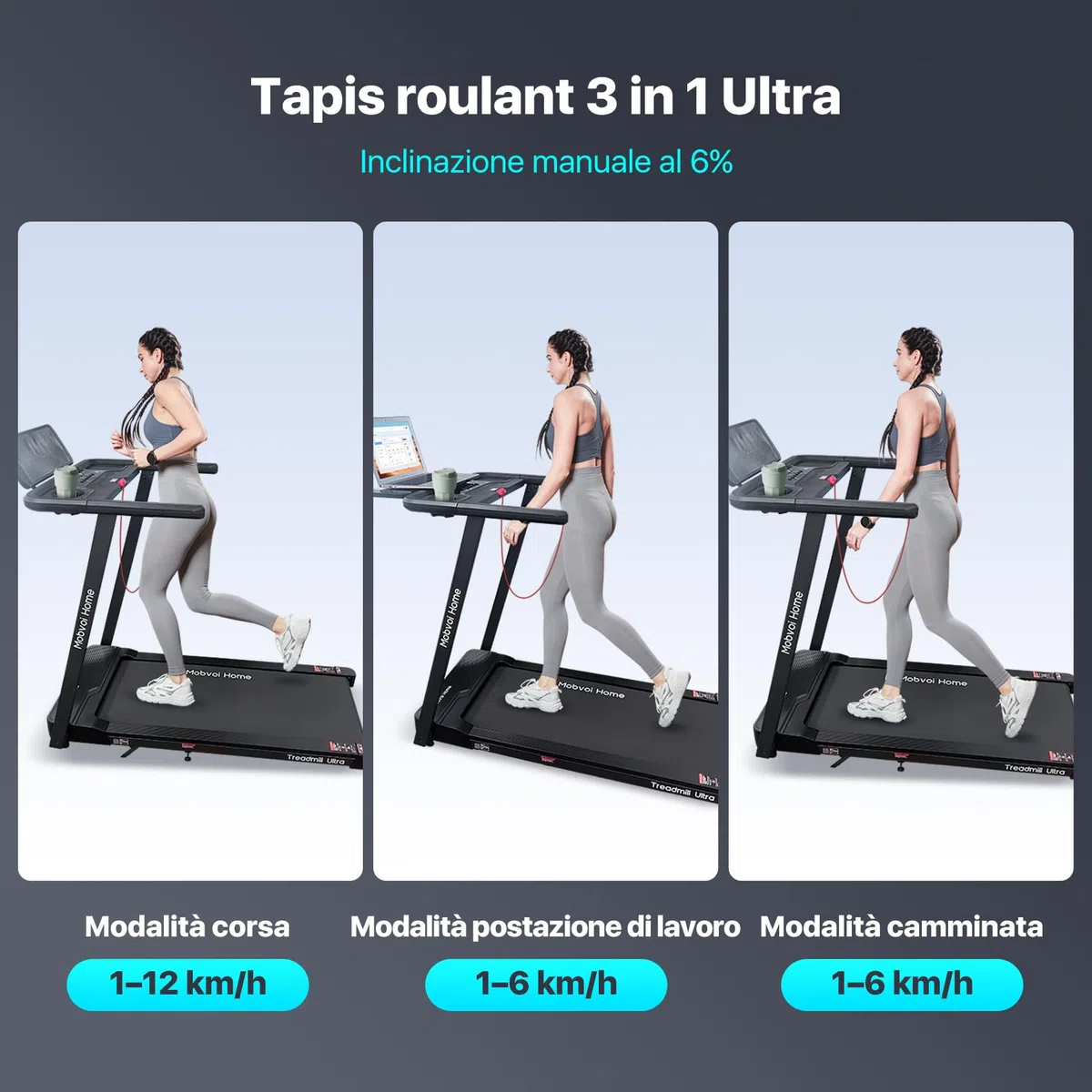 Mobvoi Home Tapis Roulant Ultra AI Intelligente 3 in 1 con Inclinazione del 6%, 12km/h 2,5HP Supporto per Tapis Roulant per Tazza Telefono Laptop Ampia Area di Corsa TicSports Zwift Kinomap 120kg