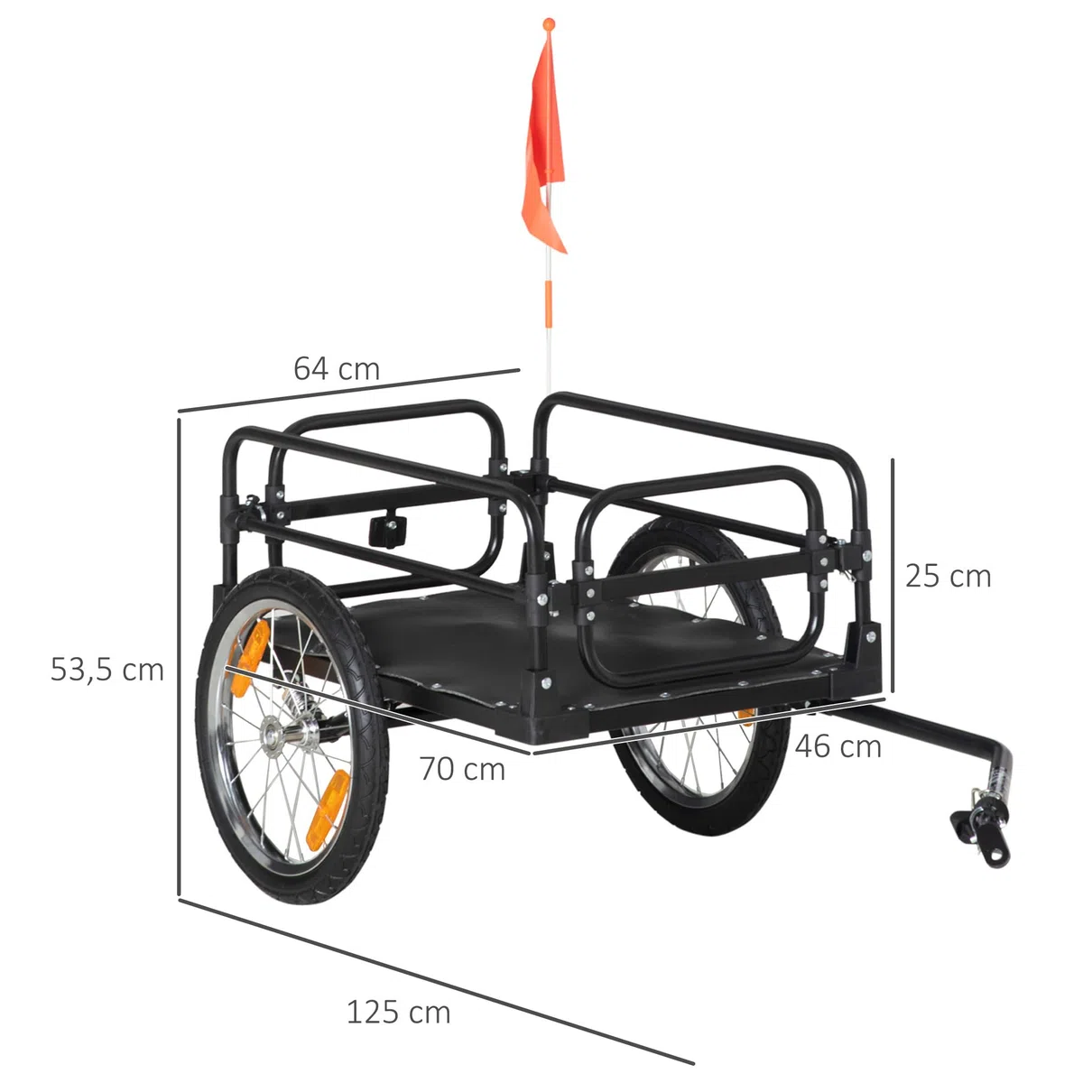 HOMCOM Rimorchio carico bicicletta, carrello rimovibile 2 ruote riflettenti, bandiera telaio ammortizzatore, 70 l, 40 kg, 125 x 64 x 53,5 cm, nero