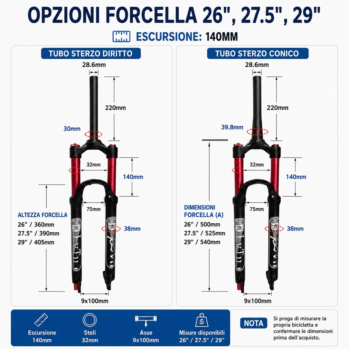 Aria Mountain Bike Forcella Anteriore MTB 26 27.5 29 Pollici 140mm Viaggio, 1-1/8" Leggero Freno a Disco Forcella Sospensione Bicicletta per 1.5-2.45" Pneumatici