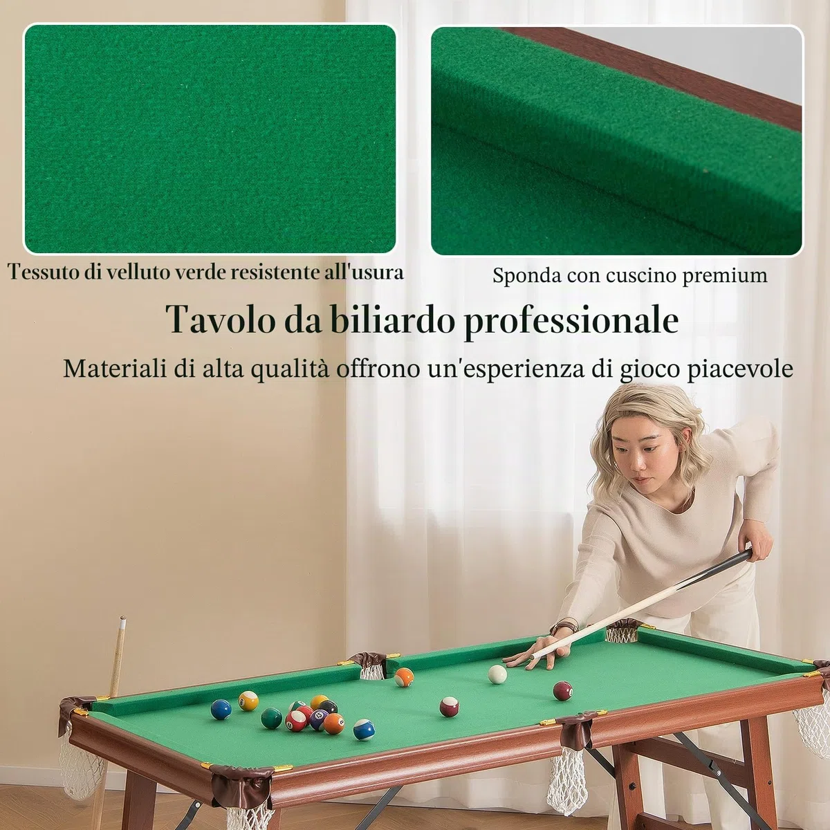 HOMASIS Tavolo da Biliardo Pieghevole, Mini Biliardo Portatile con 2 Tacche, 16 Palline, 2 Gessi, Triangolo, Spazzola, Gambe Regolabili, da Casa, Bar, per Bambini e Adulti, 138 x 67 x 79,5 cm