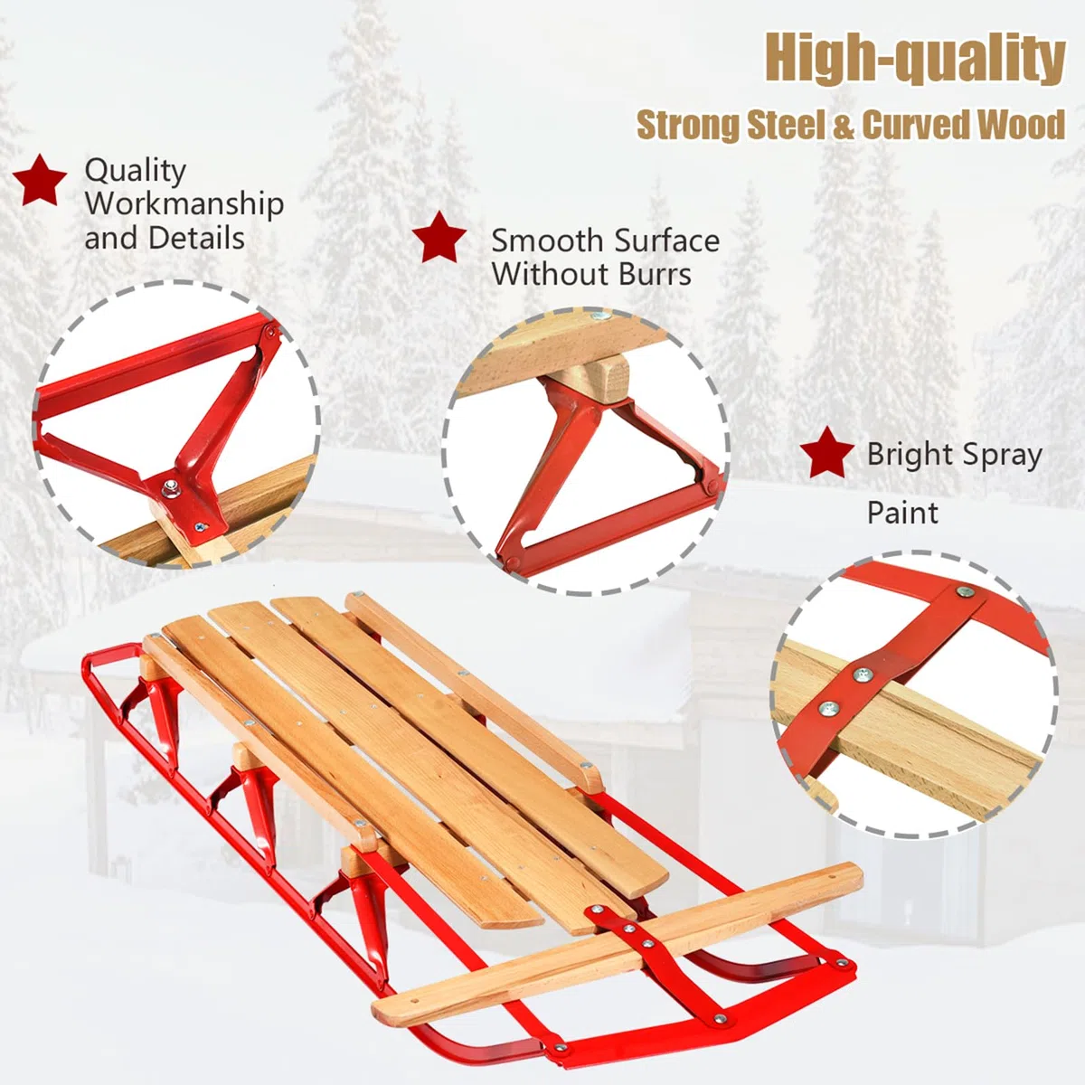 KOMFOTTEU Slittino in Legno e Metallo, Slitta da Neve Portato fino a 150 kg, con Pattini e Maniglie, Slittinoie per Bambini e Adulti, 137 x 58 x 16 cm
