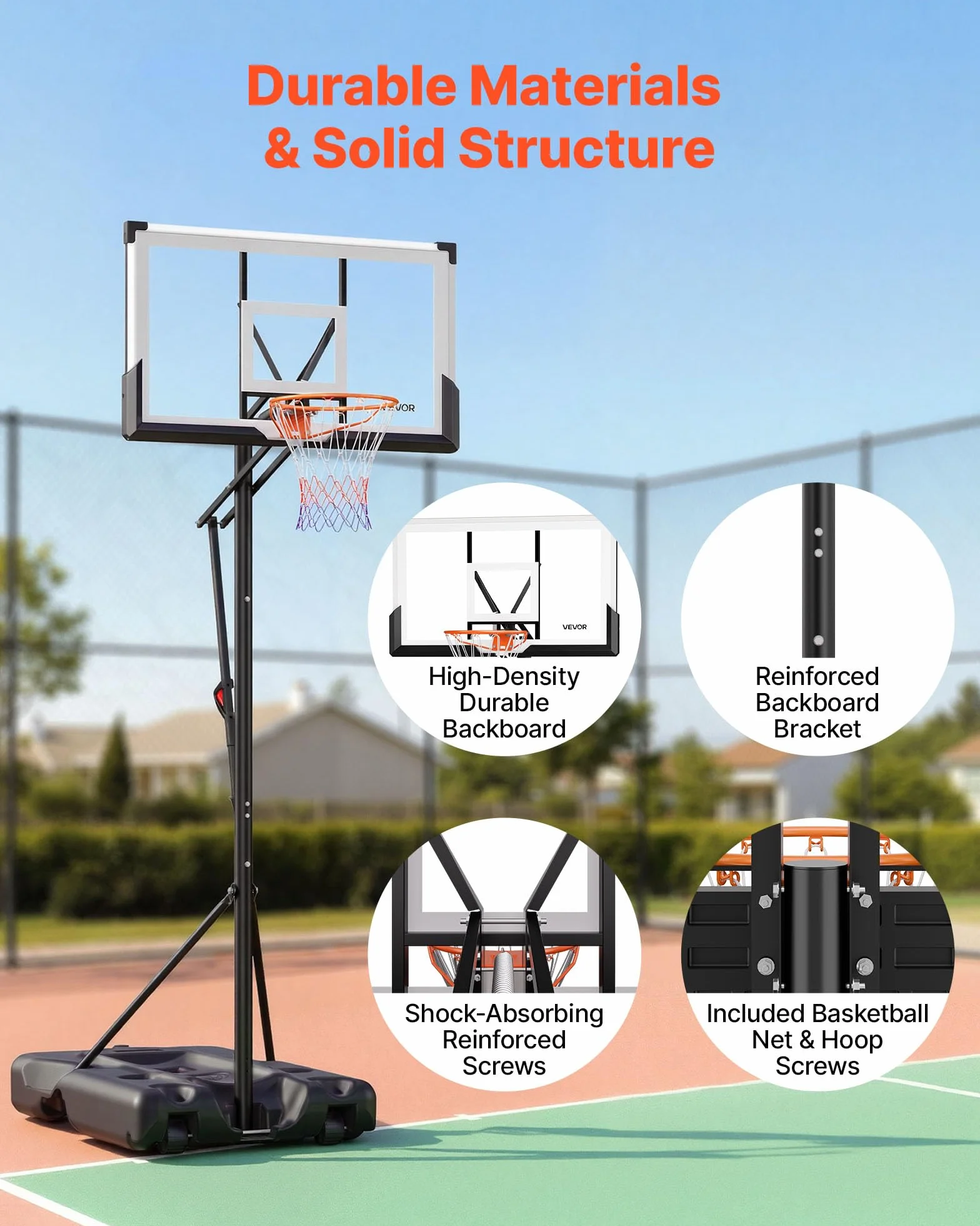 VEVOR Supporto da Basket Portatile Massimo 3,05 m Pallacanestro da Esterno con Piedistallo Regolabile in Altezza Design di Sollevamento, con Ruote e Tabellone PC da 1371,6 mm, per Cortili, Scuole