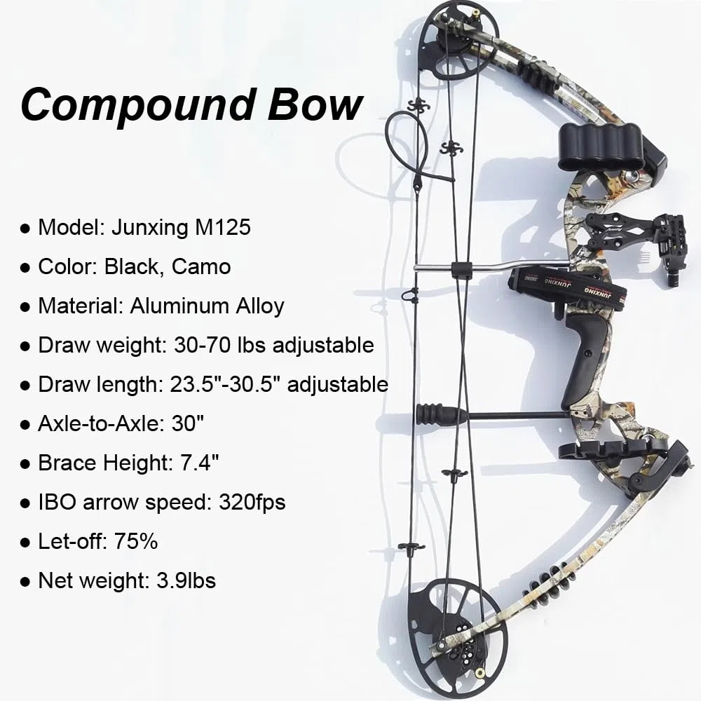 Kit Arco Compound 30-70lbs Regolabile Arco Composto Set Arco da Caccia con Accessori Arco e Frecce in Carbonio
