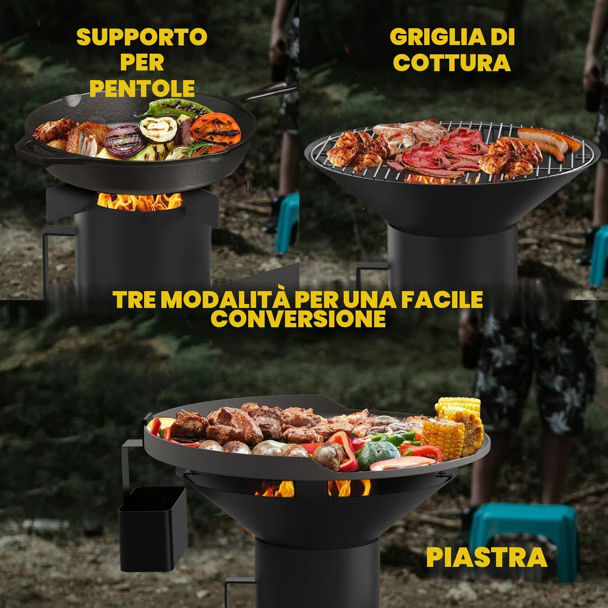 Onlyfire Forno a Razzo da Esterno con Supporto, Stufa a Legna, Fornello da Campeggio Multifunzionale 3 in 1 con Griglia di Cottura, Piastra e Supporto per Pentole per Cucinare All'aperto e in Giardino