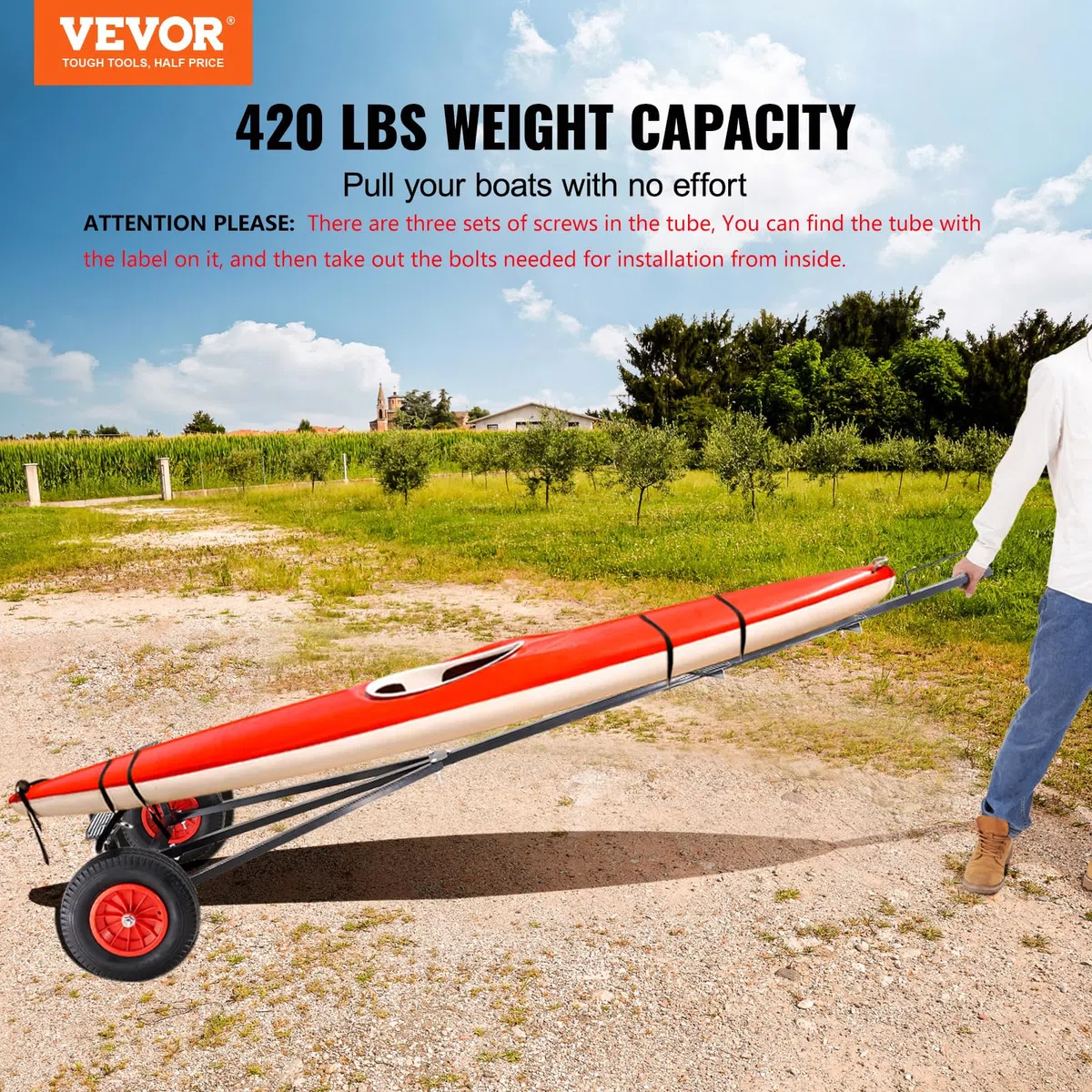 VEVOR Carrello per Rimorchio Barche Manuale Capacità Carico Max. 190kg Ruote in Gomma Diametro 40,6cm per Rimorchio di Barche, Carrello Rimorchio in Acciaio al Carbonio Lunghezza Regolabile 244-294cm