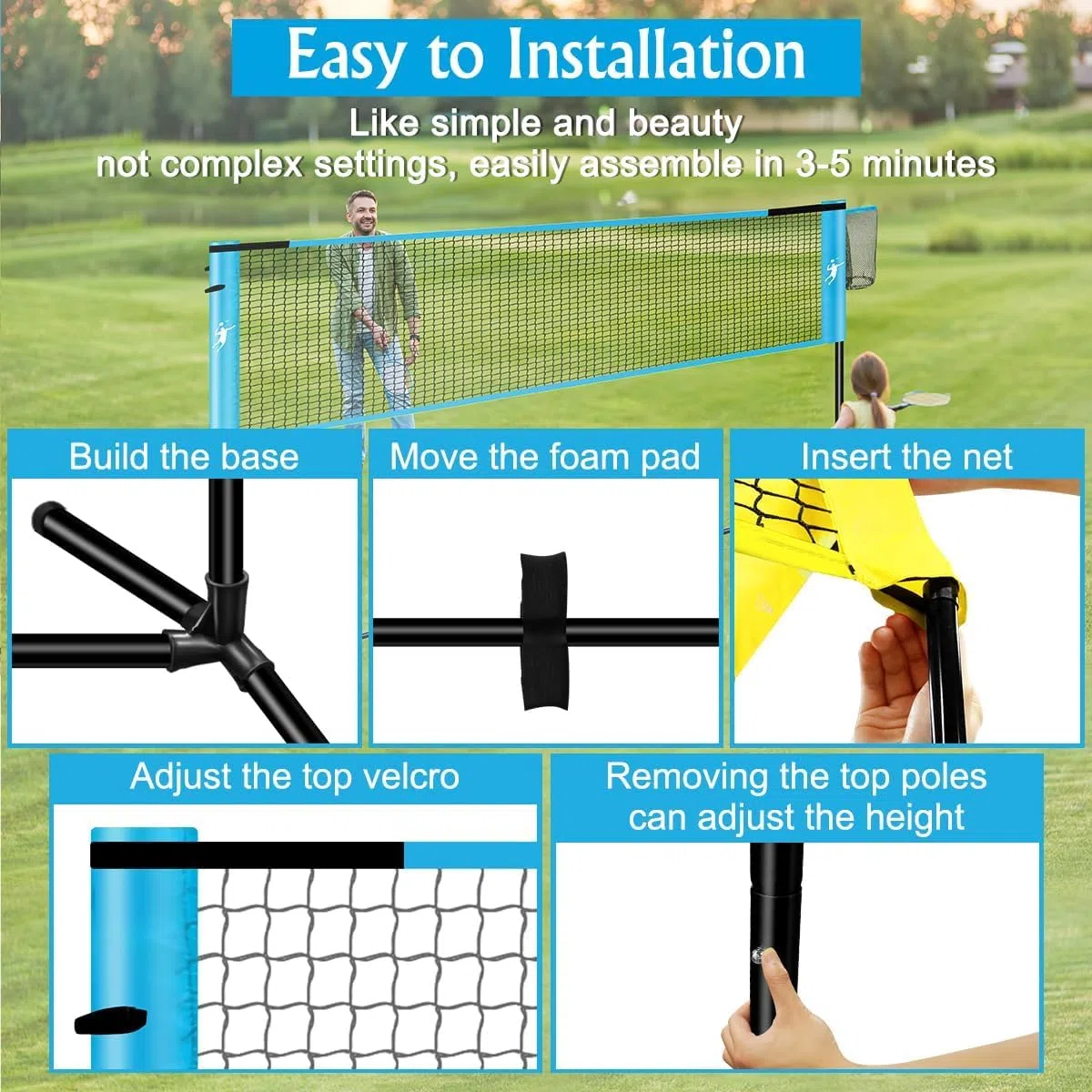 Rete Multisport Regolabile per Badminton, Pallavolo, Pickleball e Tennis | Set Portatile con Paddle e Racchette, 5 Punti di Ancoraggio Indoor/Outdoor