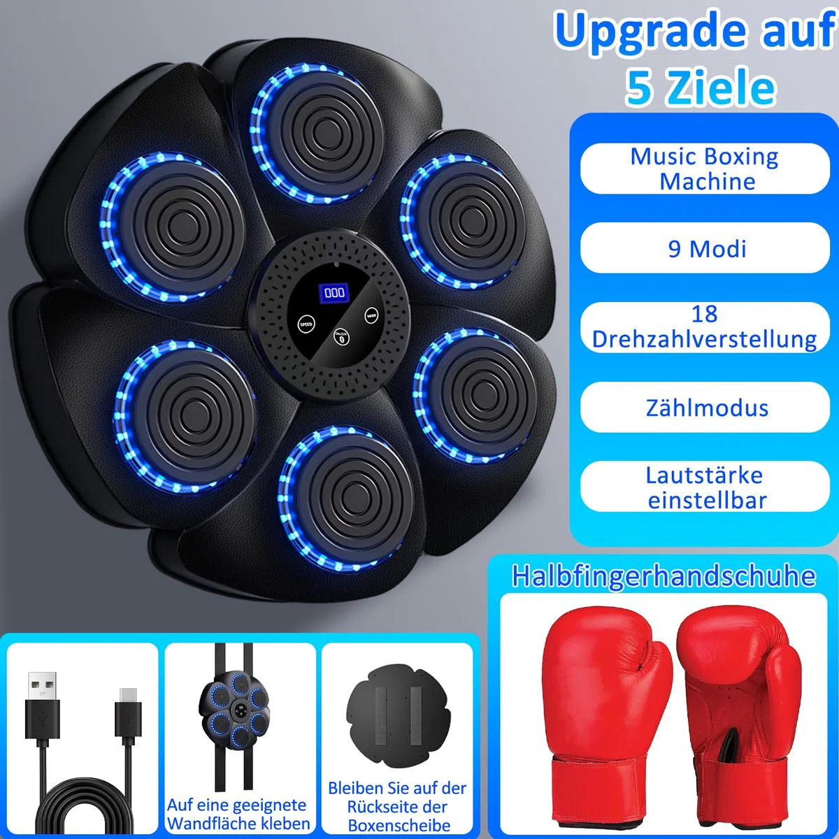Macchina da boxe musicale Smart Boxing Machine Disco da boxe montato a parete con guanti da boxe per adulti e bambini, supporto Bluetooth, 9 funzioni, 18 velocità regolabili e modalità di conteggio