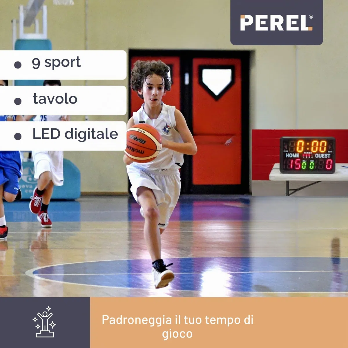 Perel Tabellone LED multisport digitale con timer sportivo e cronometro, modello da tavolo o autoportante, adatto per uso interno ed esterno sotto copertura, per allenamenti partite e tornei