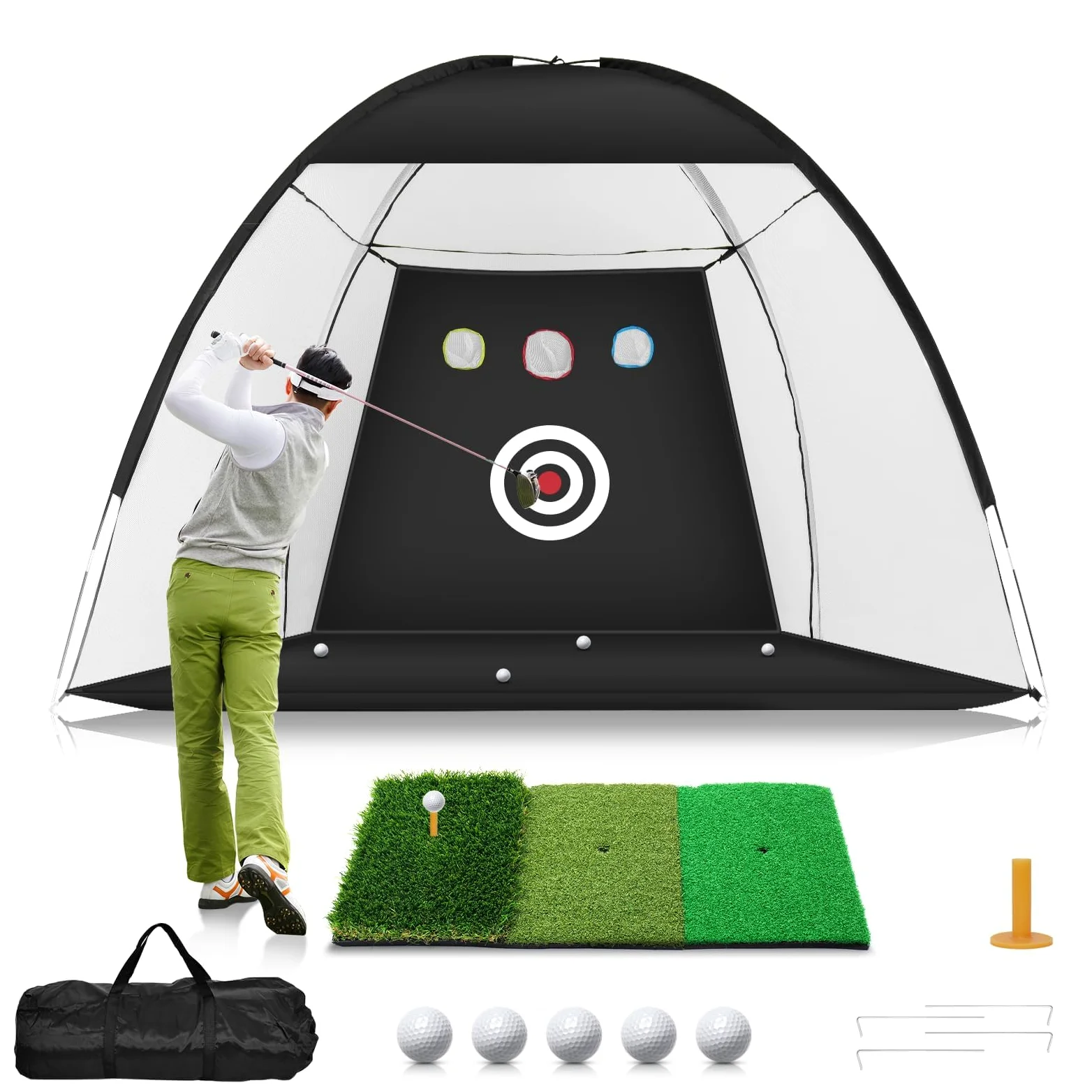 Rete da golf 3 x 2,1 m, con tappetino da golf Tri-Turf All in 1, per allenamento a dondolo, per allenamento a dondolo, con bersaglio, palline, tè/borsa